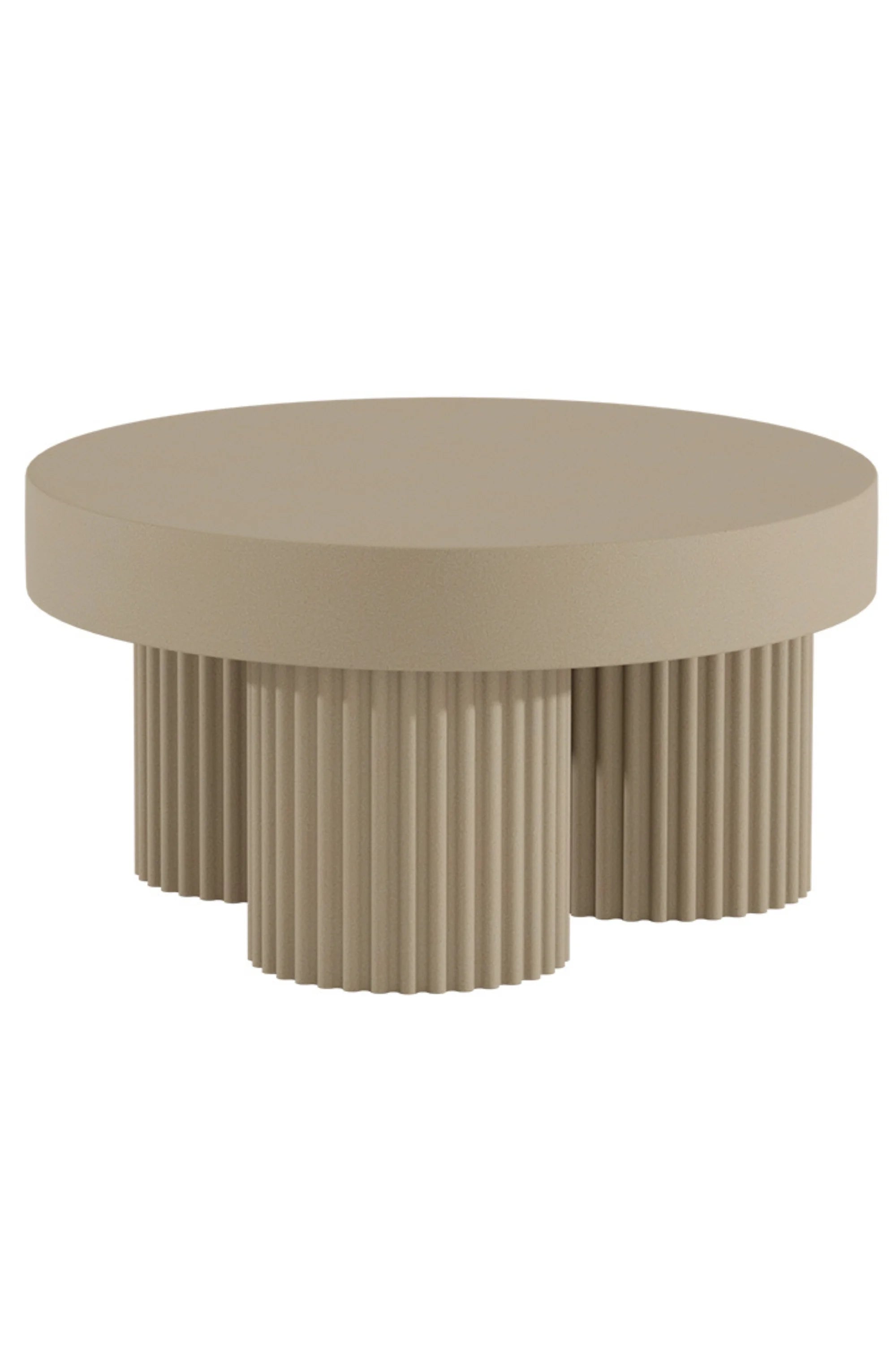 Round beige table with ribbed cylindrical base on a white background