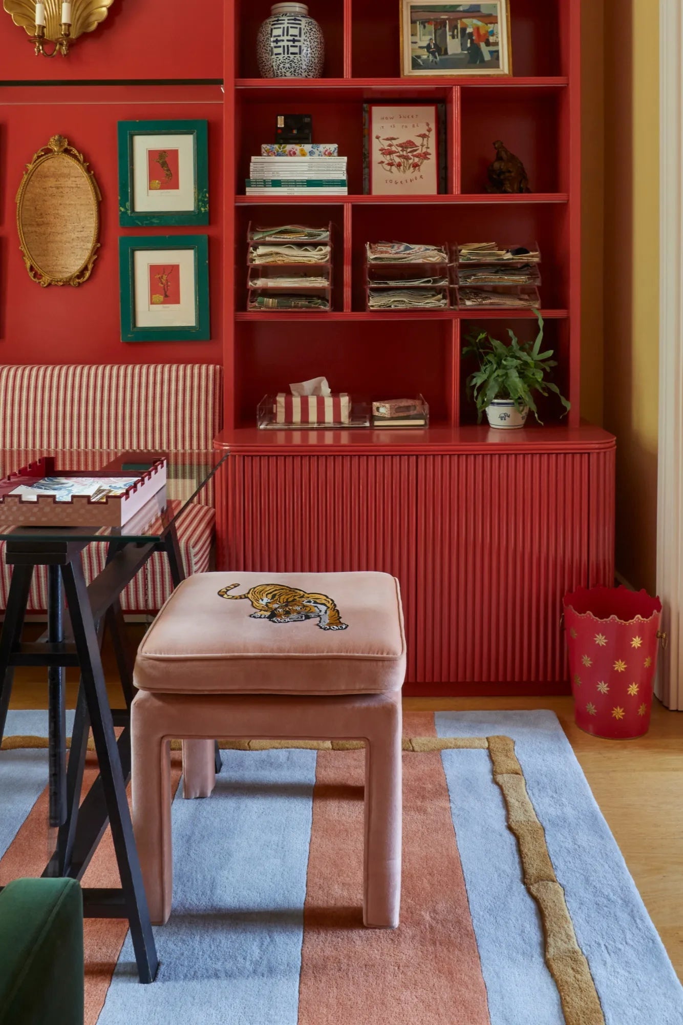 Large rectangular area rug featuring a stylish design of bamboo stripes, made from soft and durable wool material