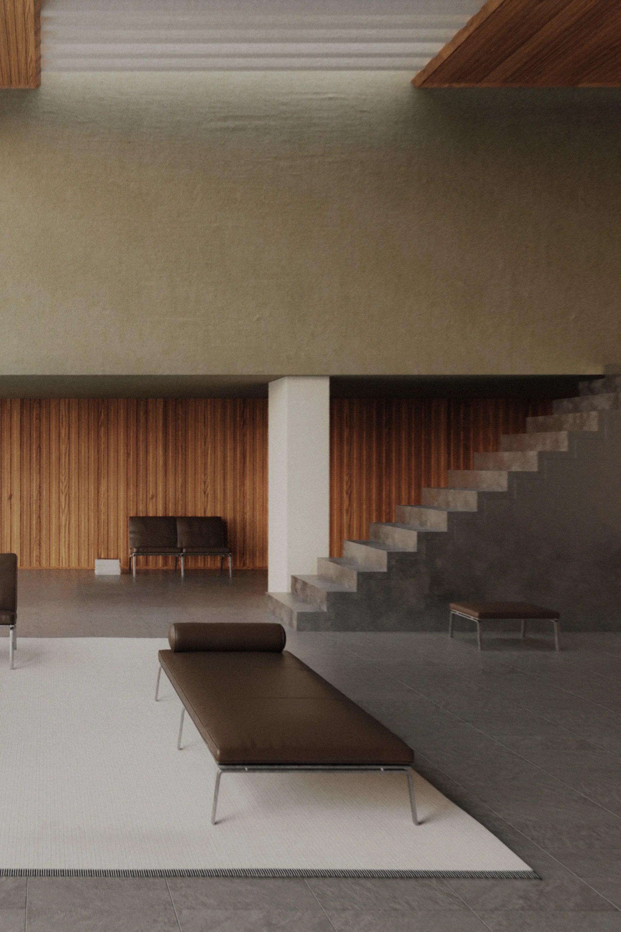 Modern interior with a staircase and minimal furniture.