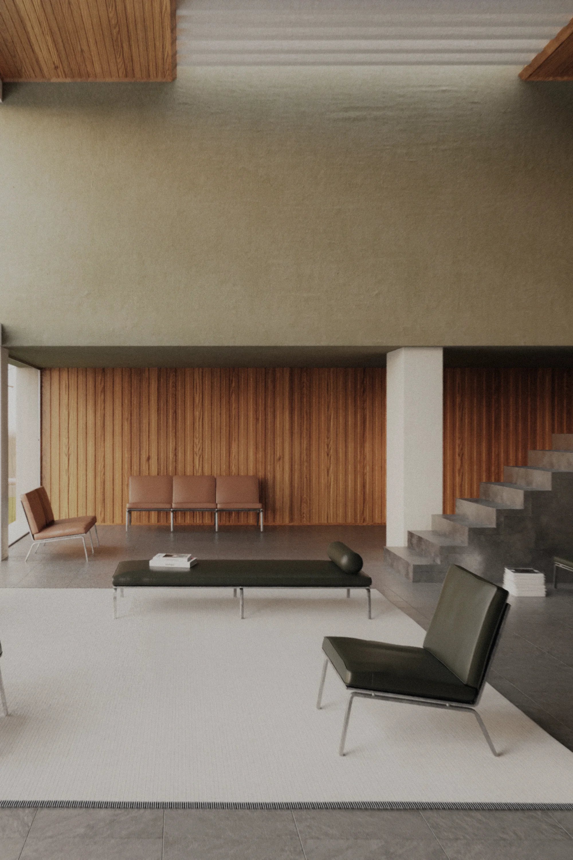 Modern living room with minimal furniture and a neutral color palette.