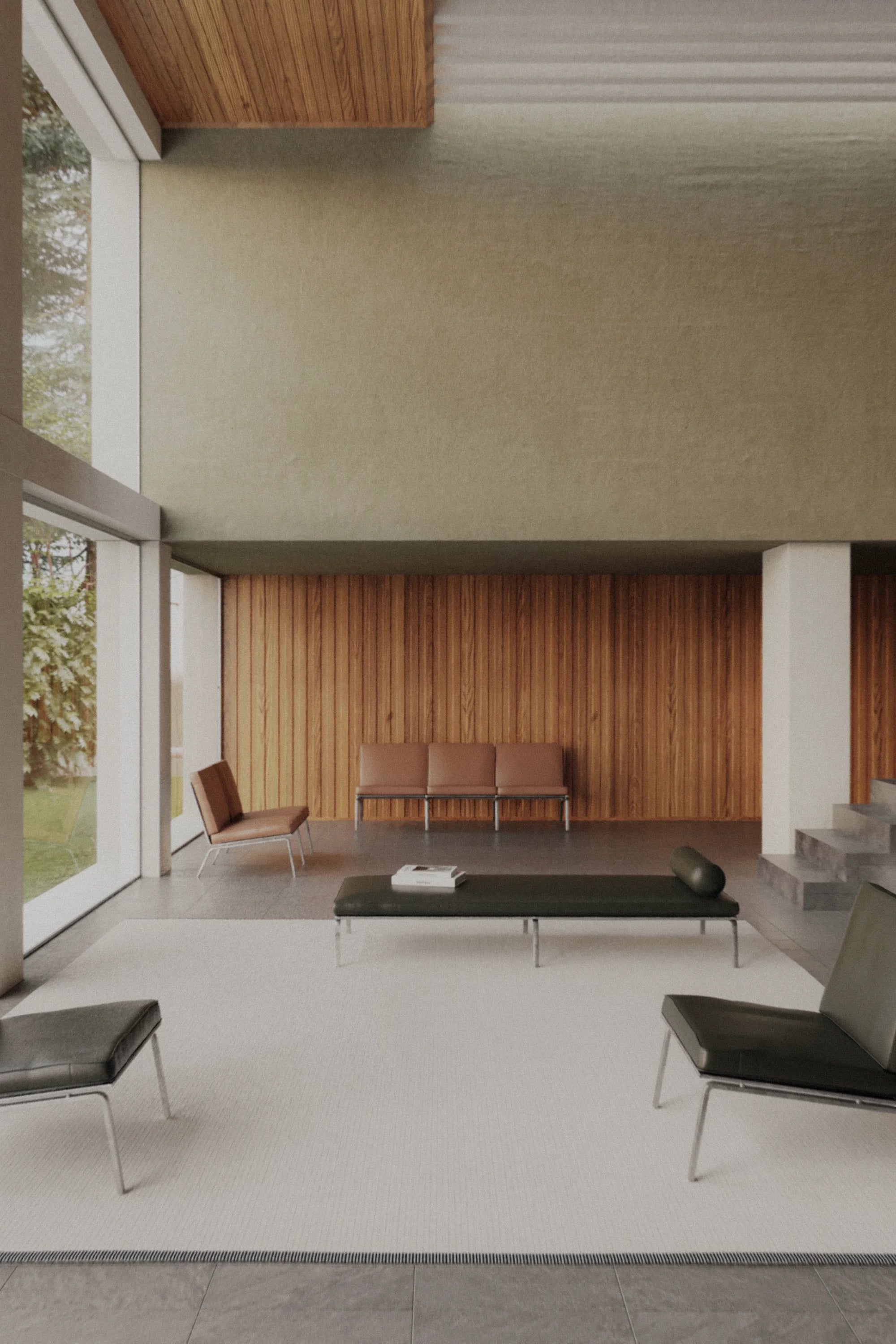 Modern living room with minimal furniture and large windows.