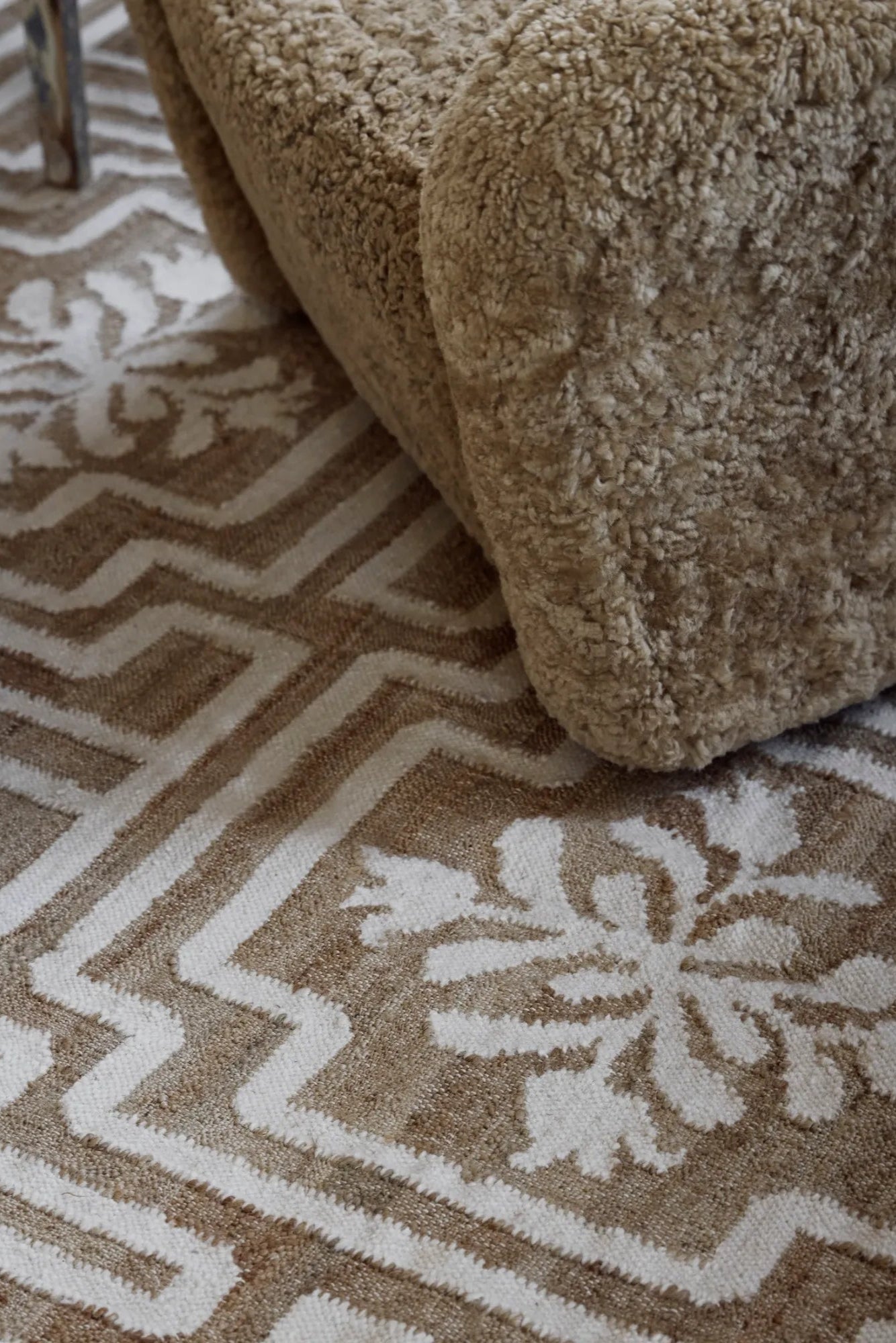 Close up of detailed handwoven beige and blue wool rug No22