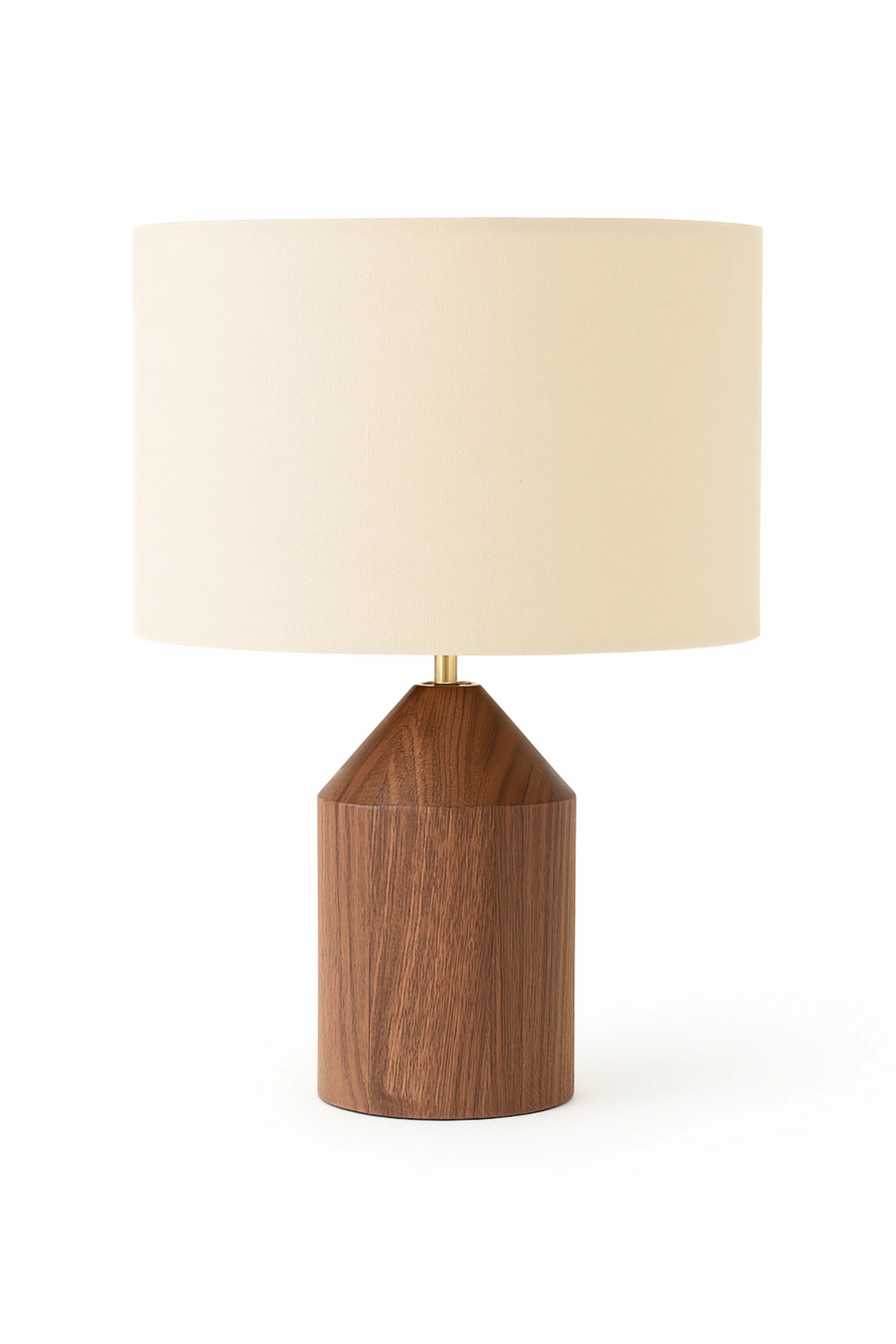 Table lamp with wooden base and beige lampshade on a white background
