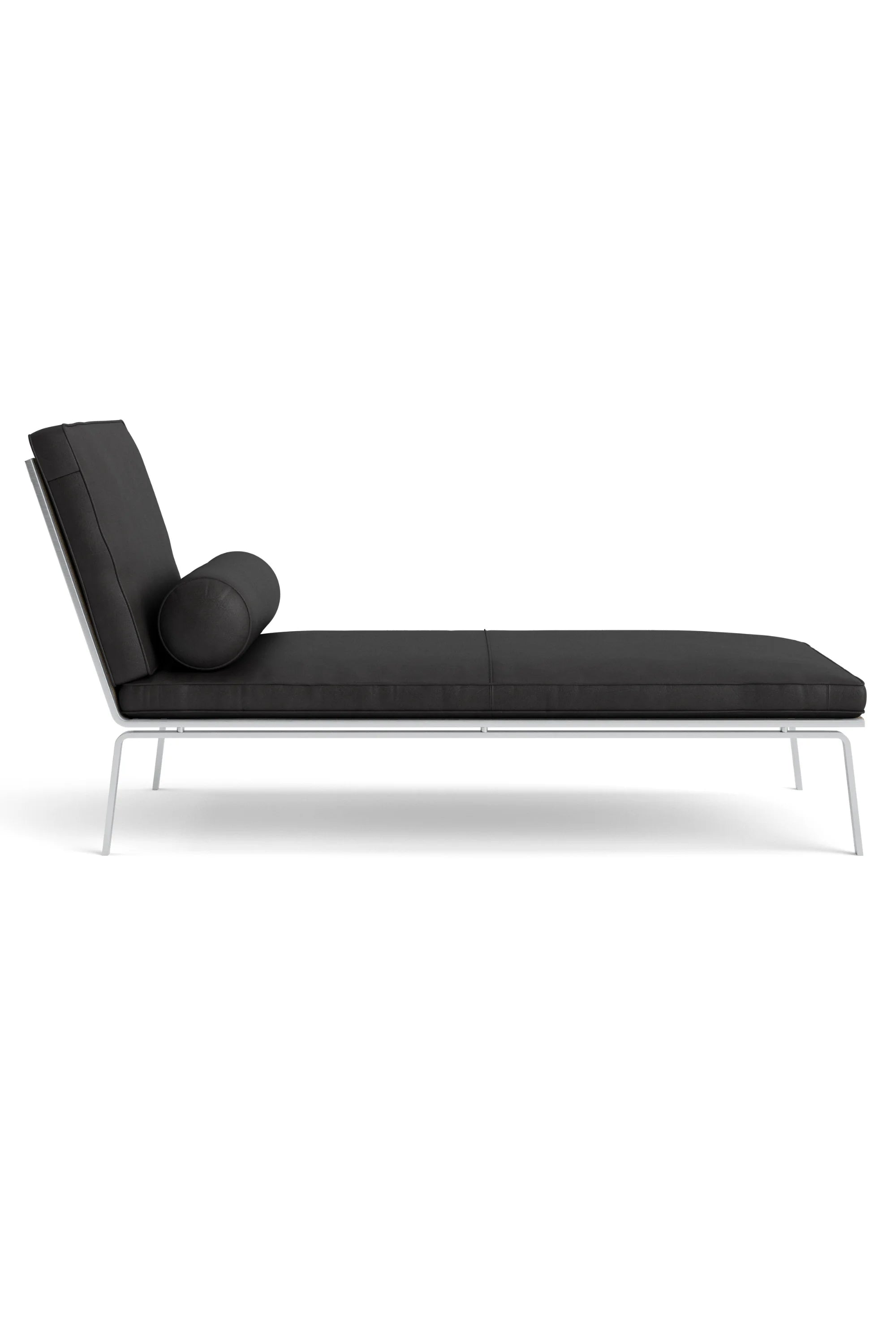 Modern black chaise lounge with cylindrical pillow on a white background