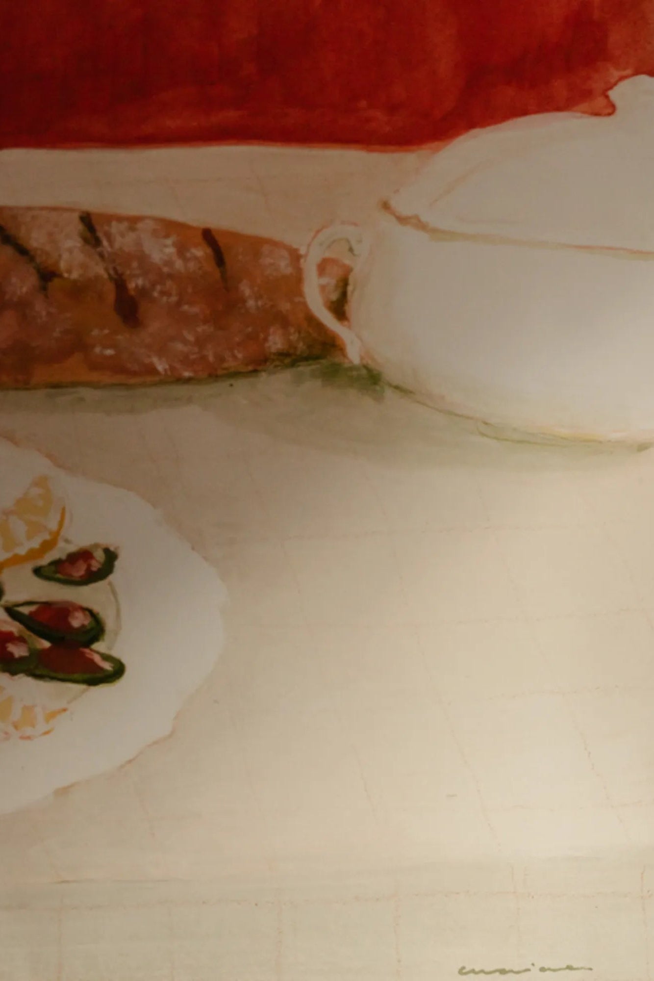 A vibrant still life painting of a bodegón featuring a bowl of steamed mussels