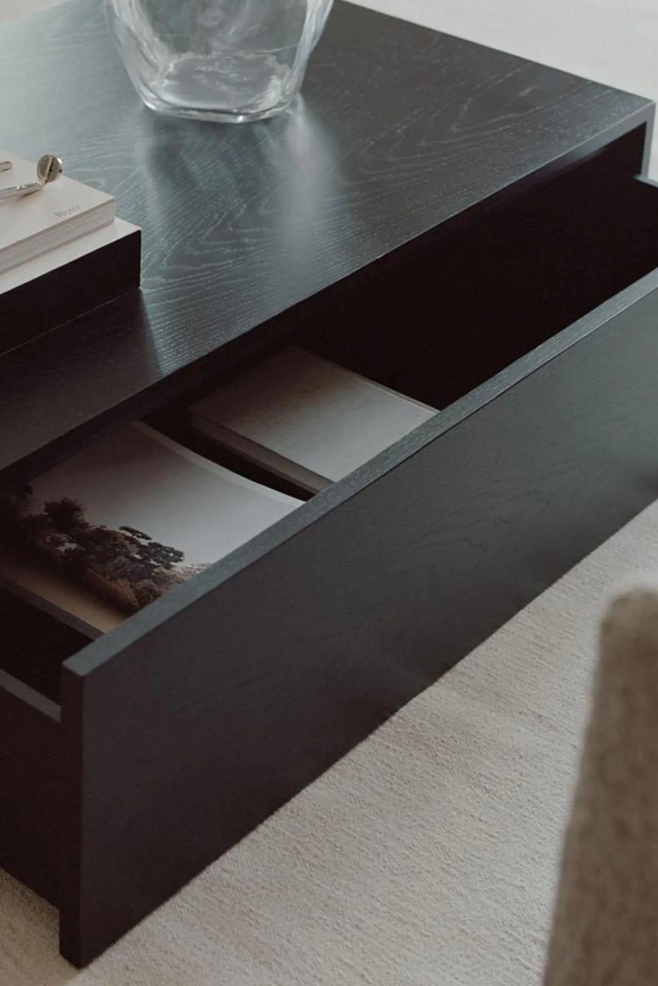 Modern wooden coffee table with high design and built-in drawer