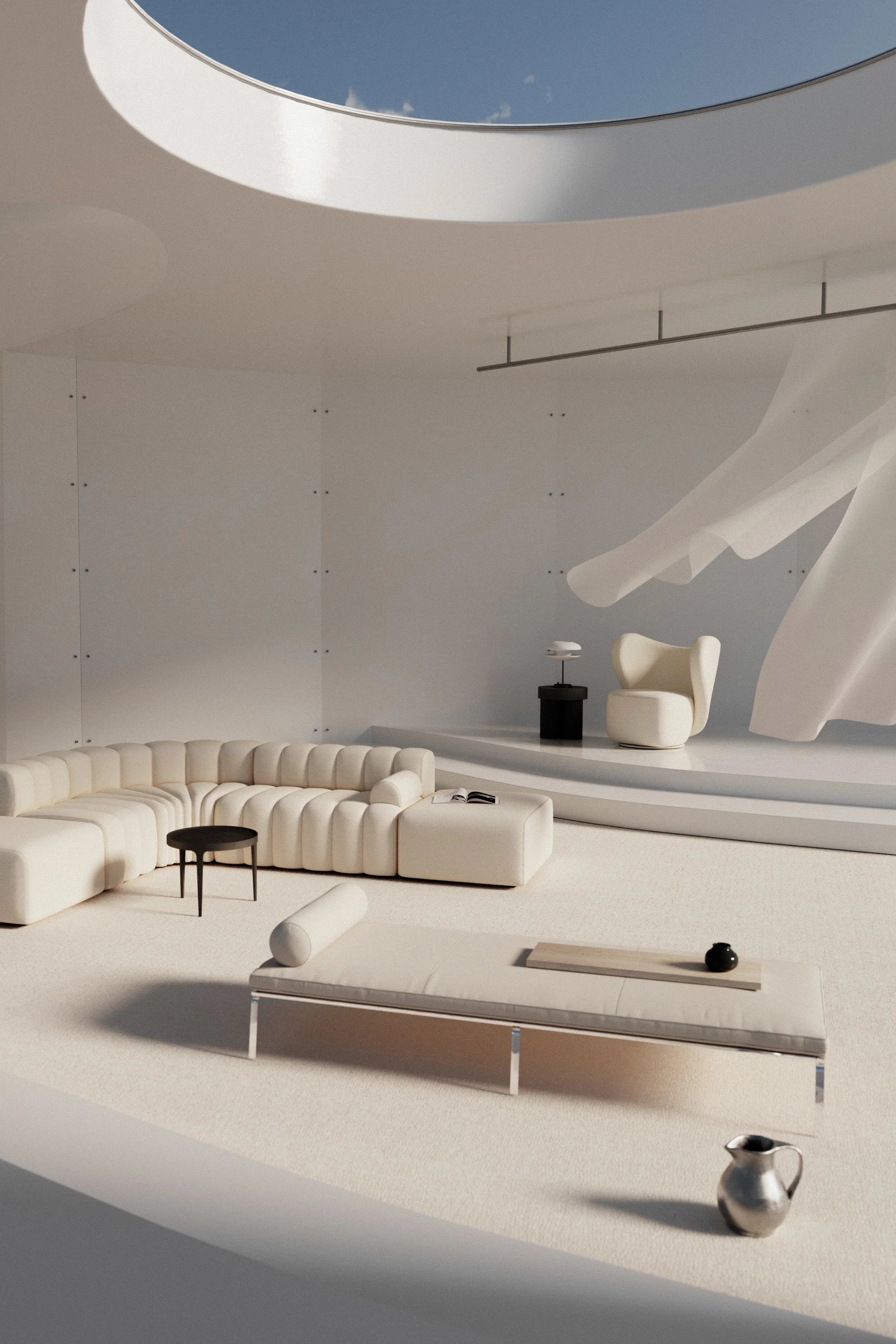 Modern white living room with a skylight