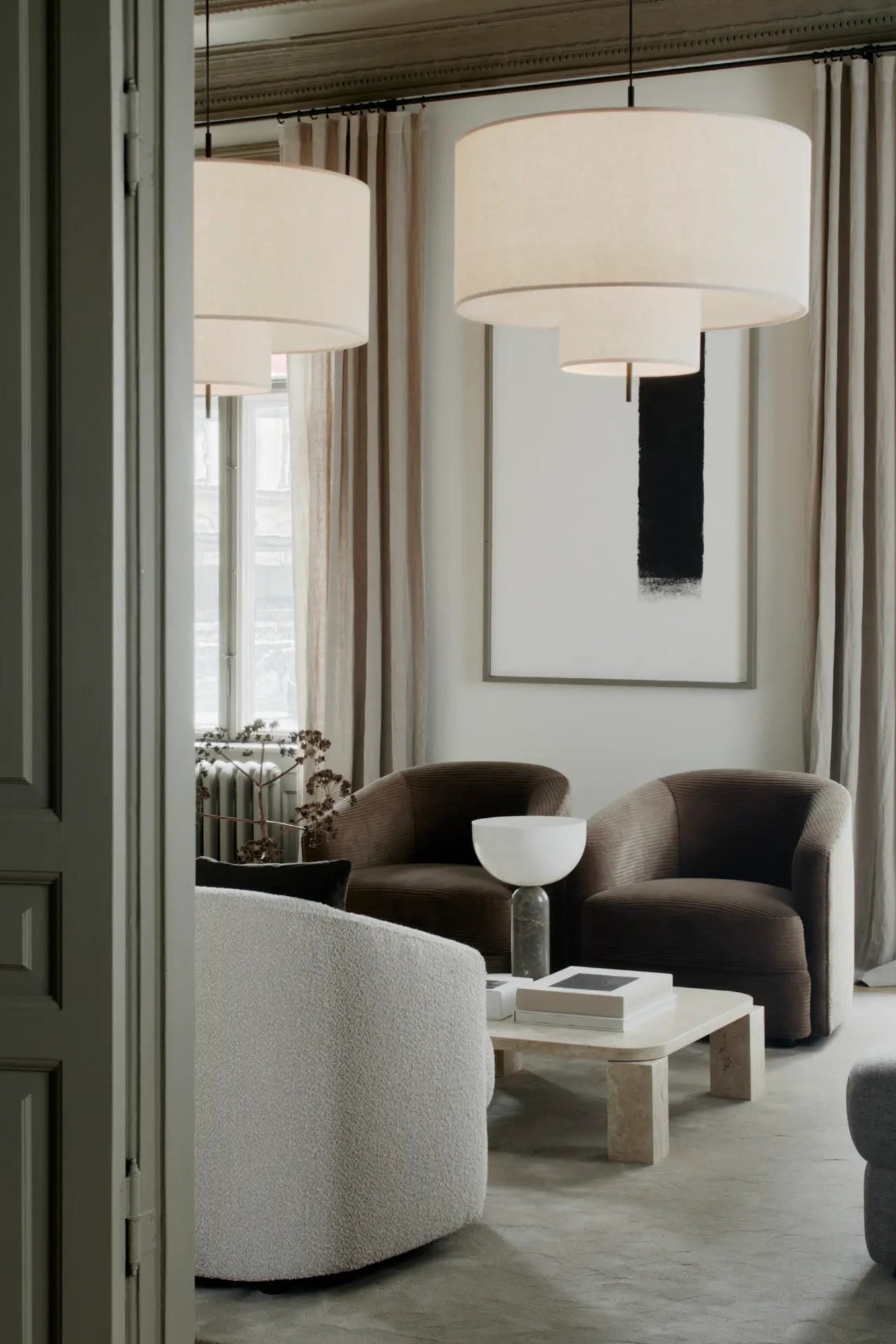 Spacious 82x82 coffee table with elegant travertine top and sturdy base