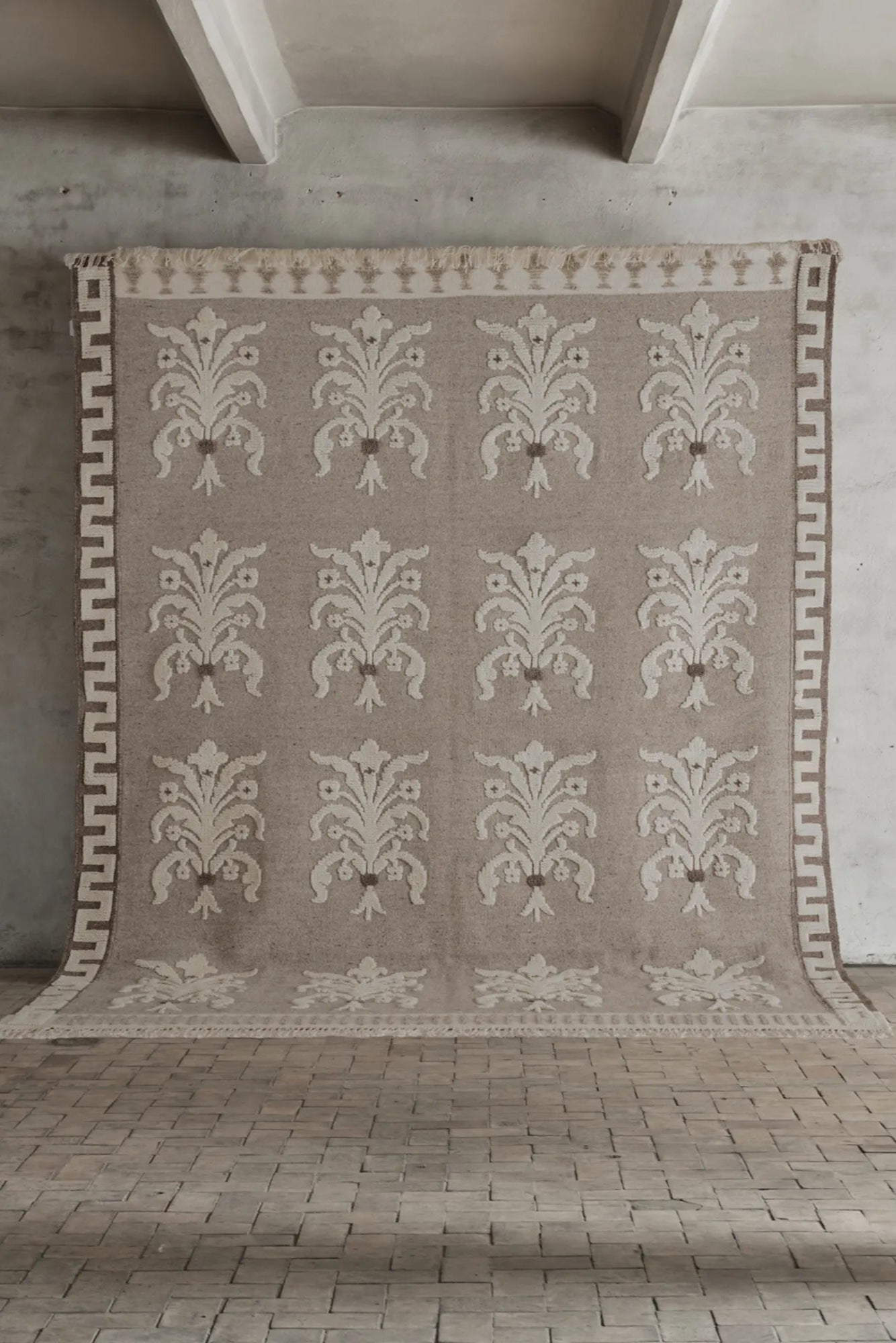 Handwoven beige and ivory area rug No25 featuring intricate geometric pattern