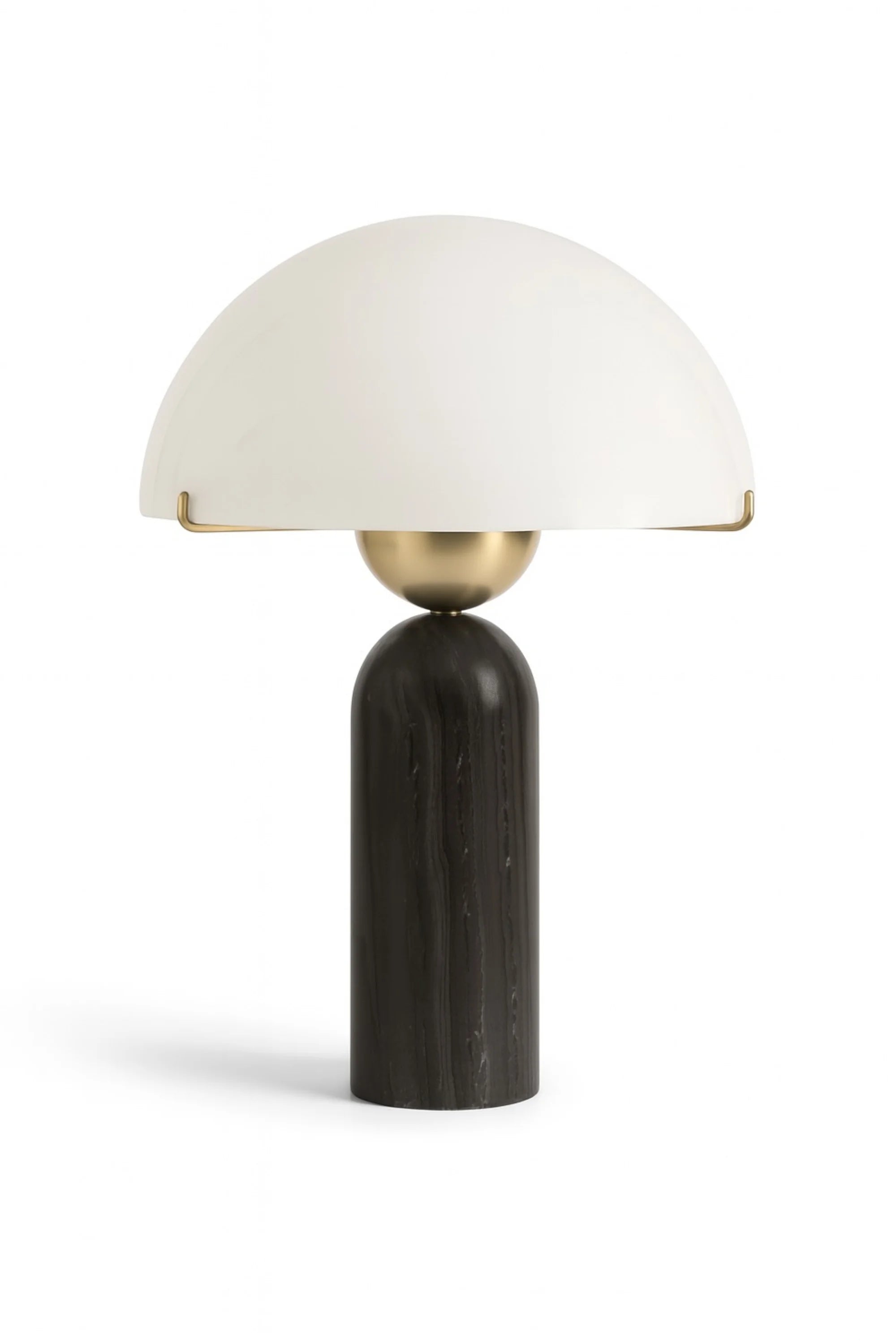 Table lamp with a white shade, gold accent, and black base on a white background