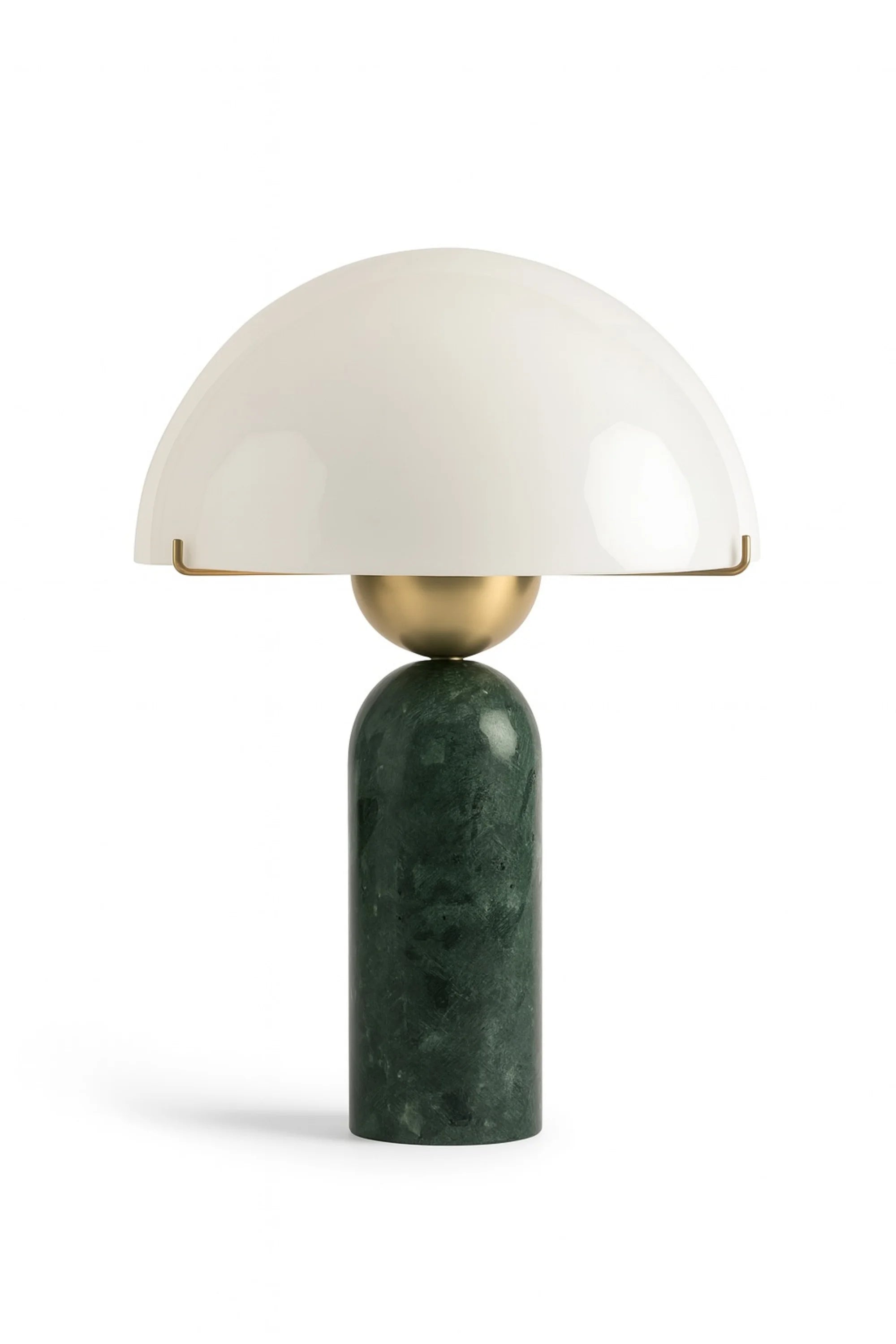 Table lamp with white shade and green marble base on a white background
