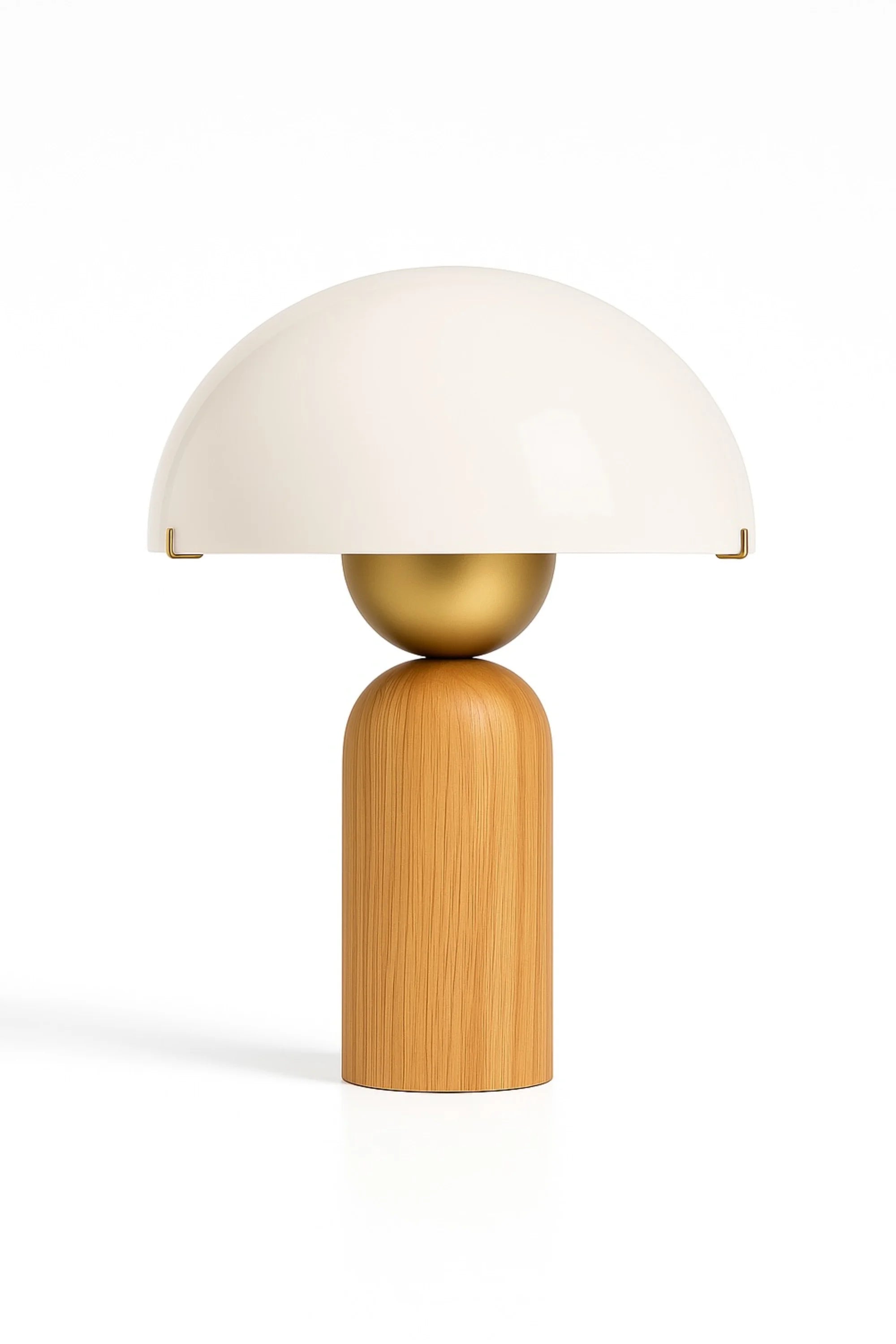 Table lamp with a white shade, gold middle section, and wooden base on a white background