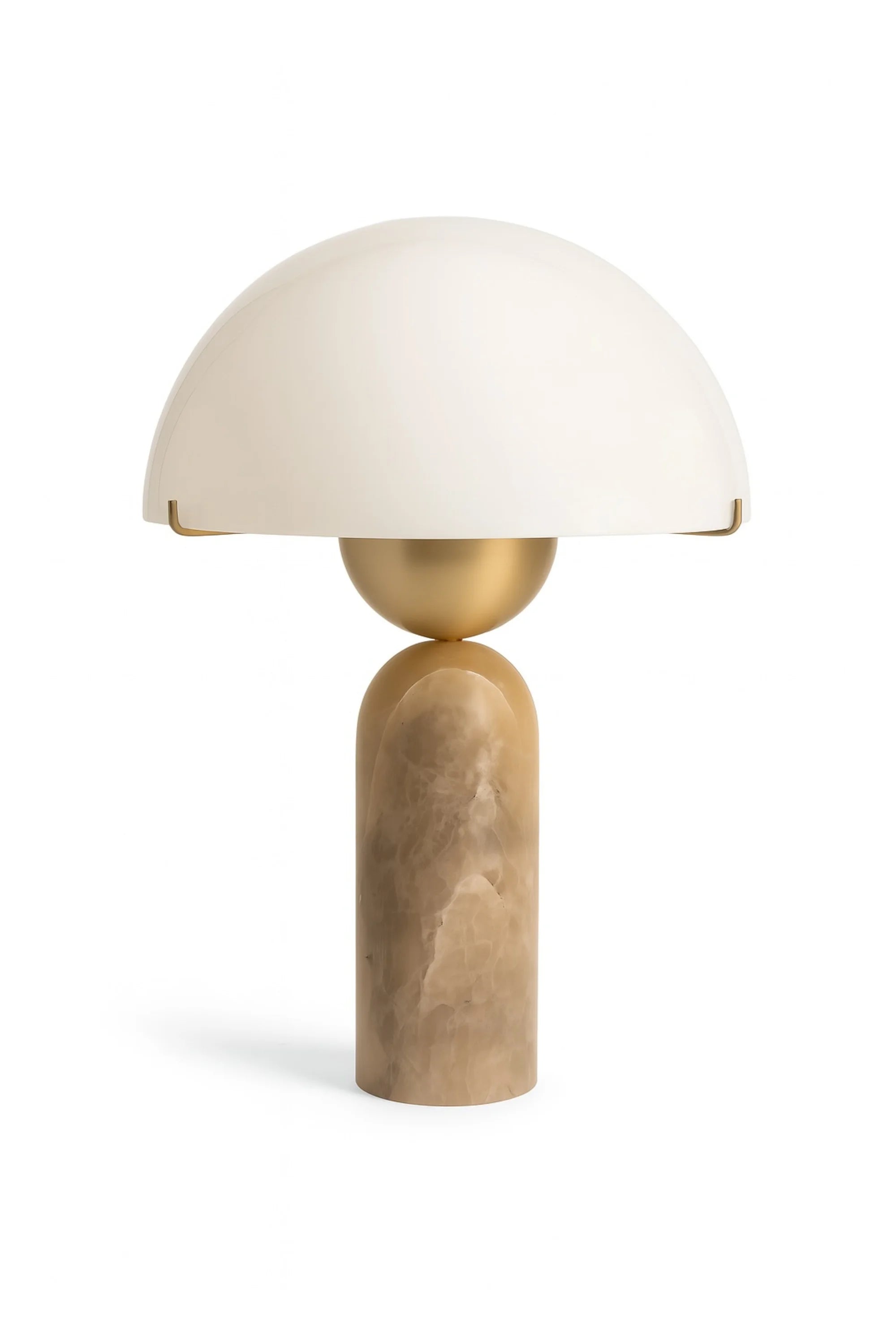 Mushroom-shaped table lamp with white shade and gold base on a white background