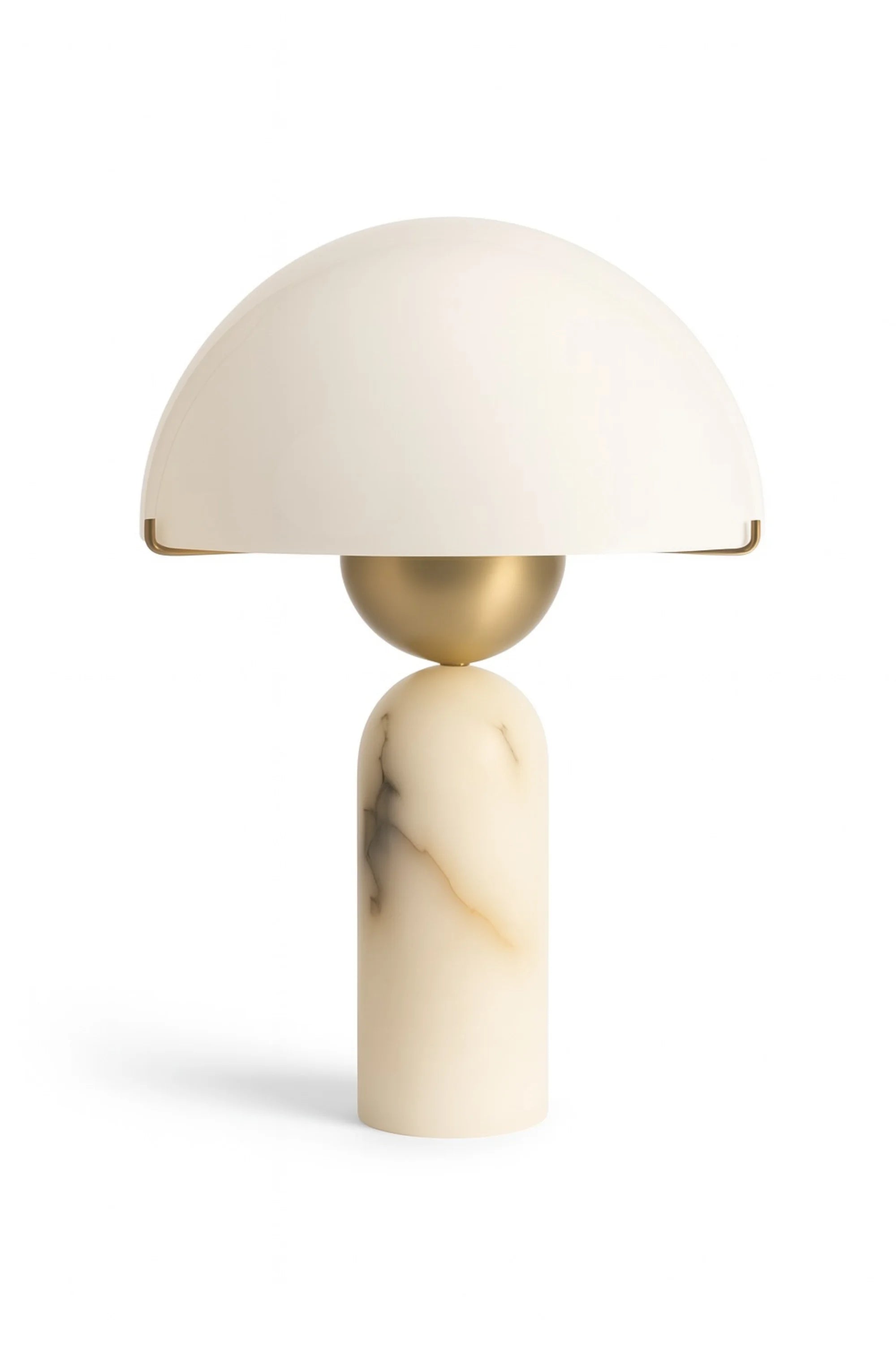 Table lamp with white shade and marble base on a white background