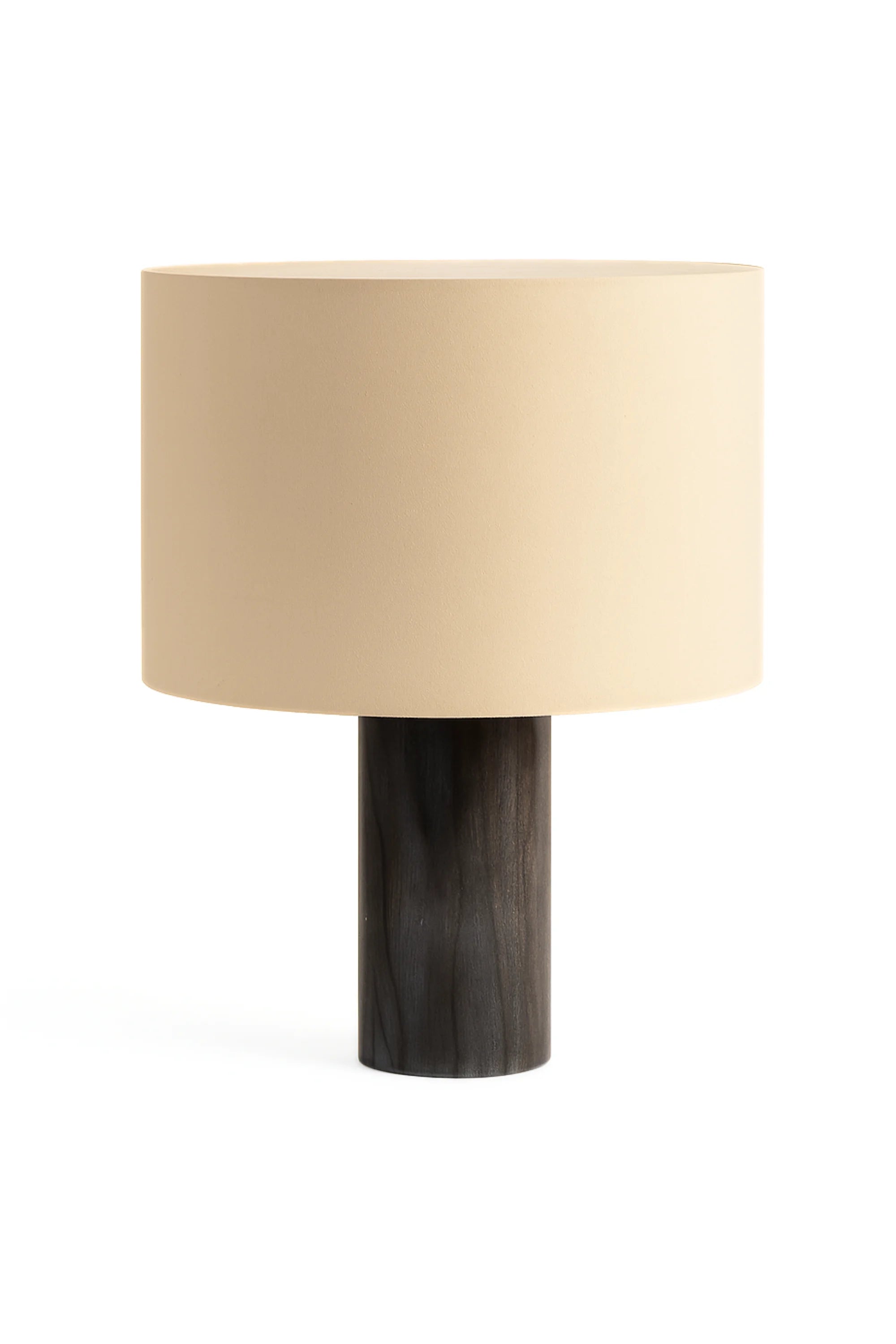 Table lamp with beige shade and wooden base on a white background