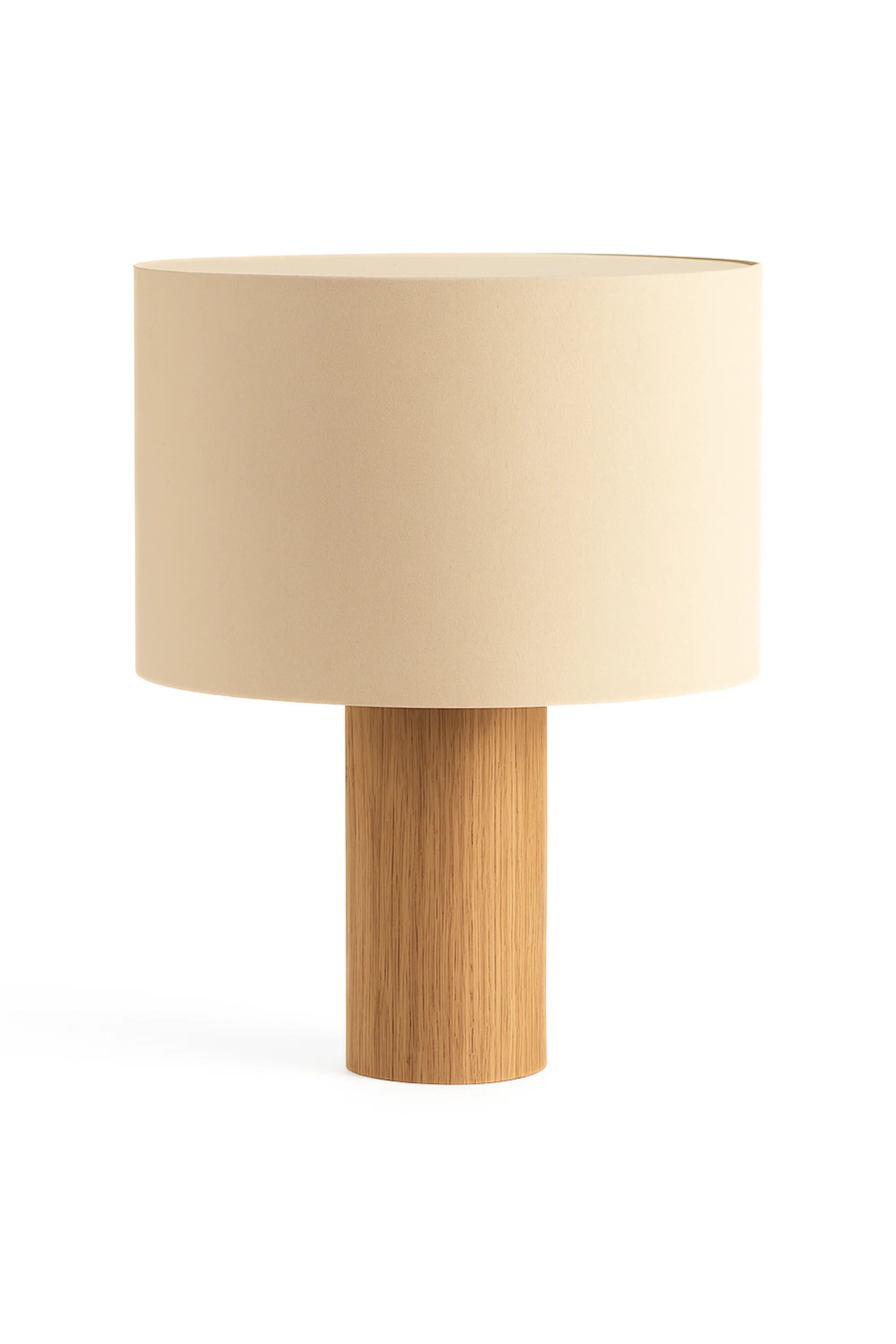 Table lamp with beige shade and wooden base on a white background