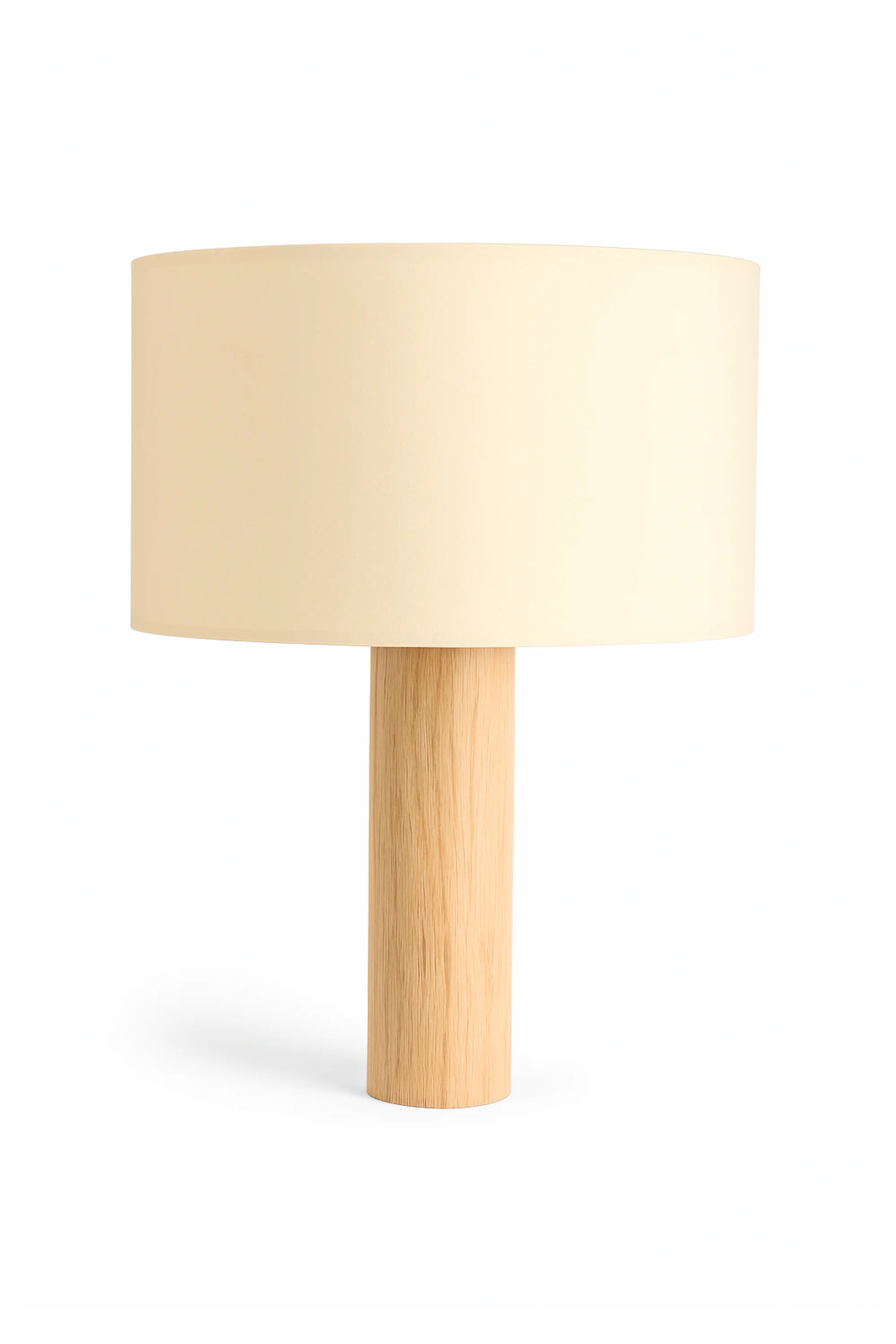 Table lamp with beige fabric shade and wooden base on a white background