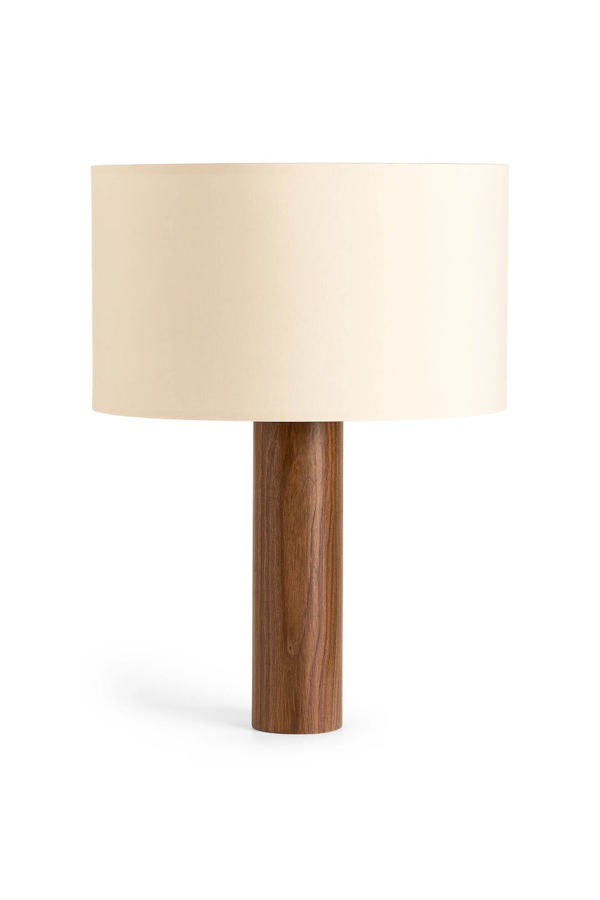 Table lamp with wooden base and beige fabric shade on a white background