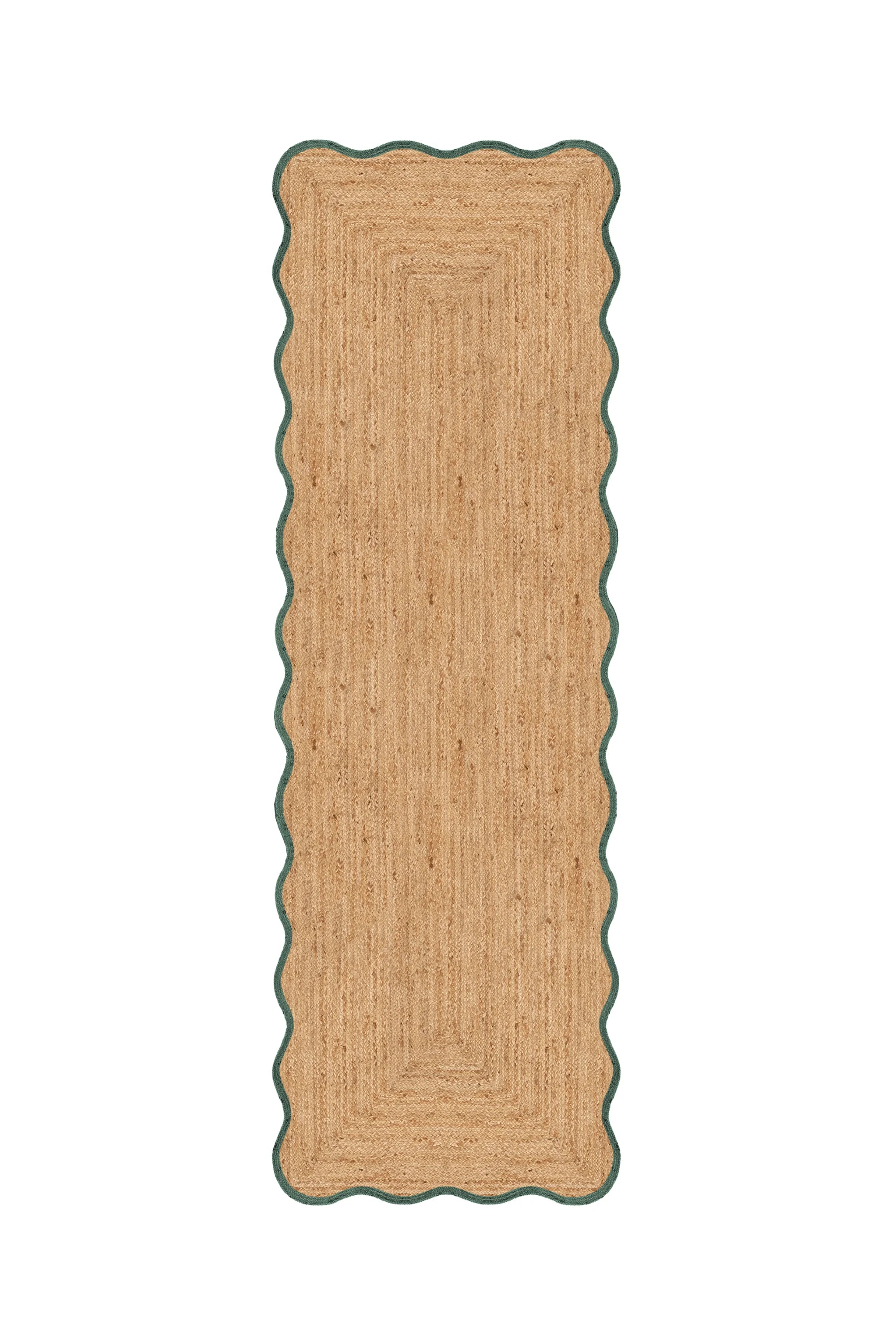 Rectangular jute rug with scalloped edge on a white background