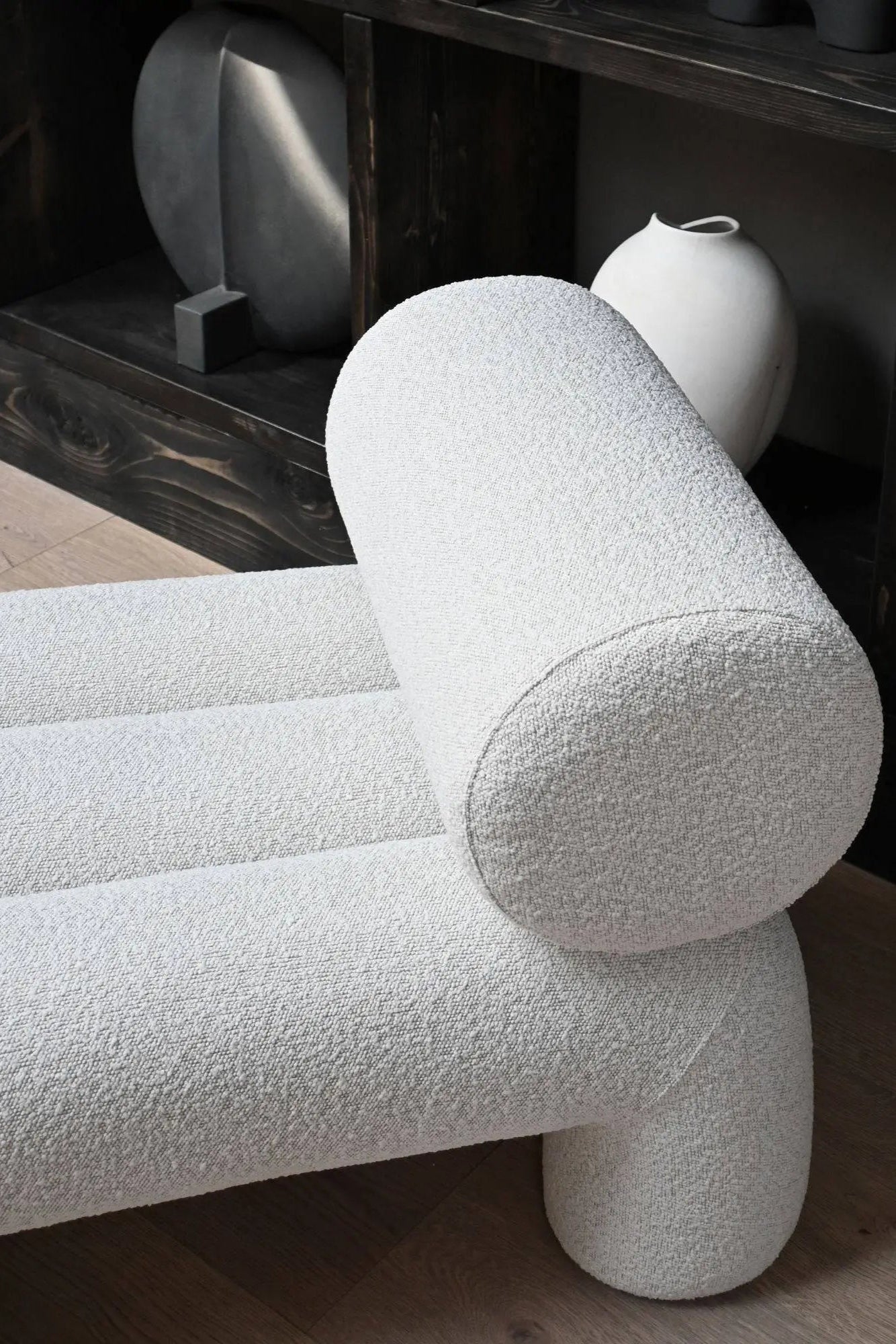 Foku Lounge Chair in soft beige fabric with adjustable headrest