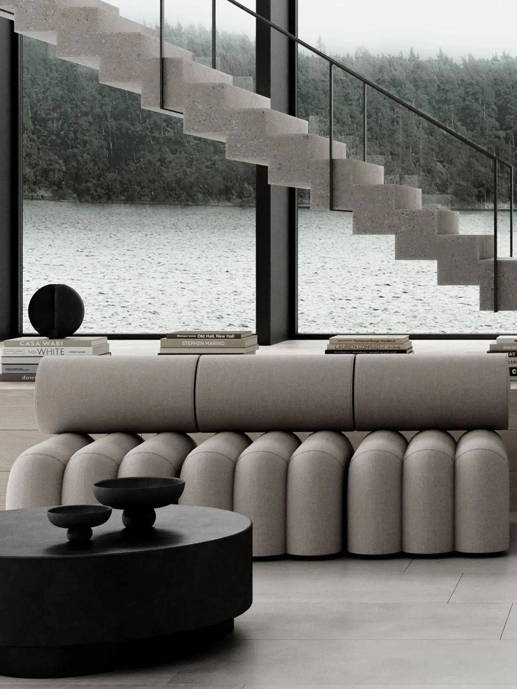 101 CPH Foku Lounge Chair in a modern, light beige boucle fabric, featuring a unique, plush scalloped base and a segmented backrest, displayed in a luxury minimalist interior. Ideal for sophisticated living spaces.