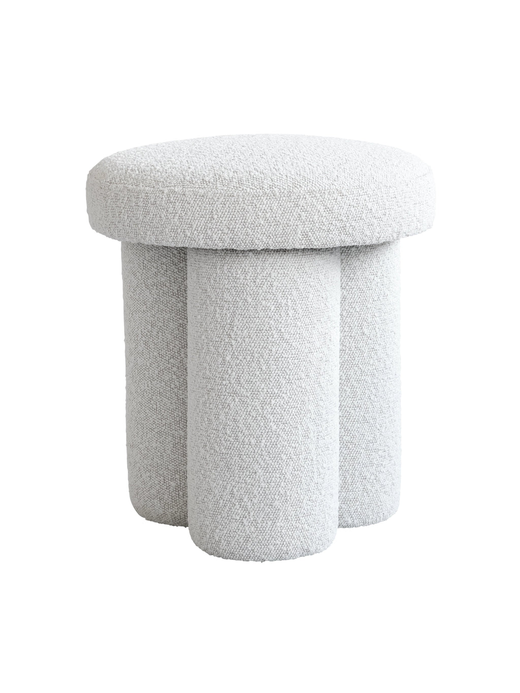 101 CPH Big Foot Stool, a premium cream bouclé textured stool with three cylindrical legs and an oval top, shown on white background. Offers luxurious extra seating.
