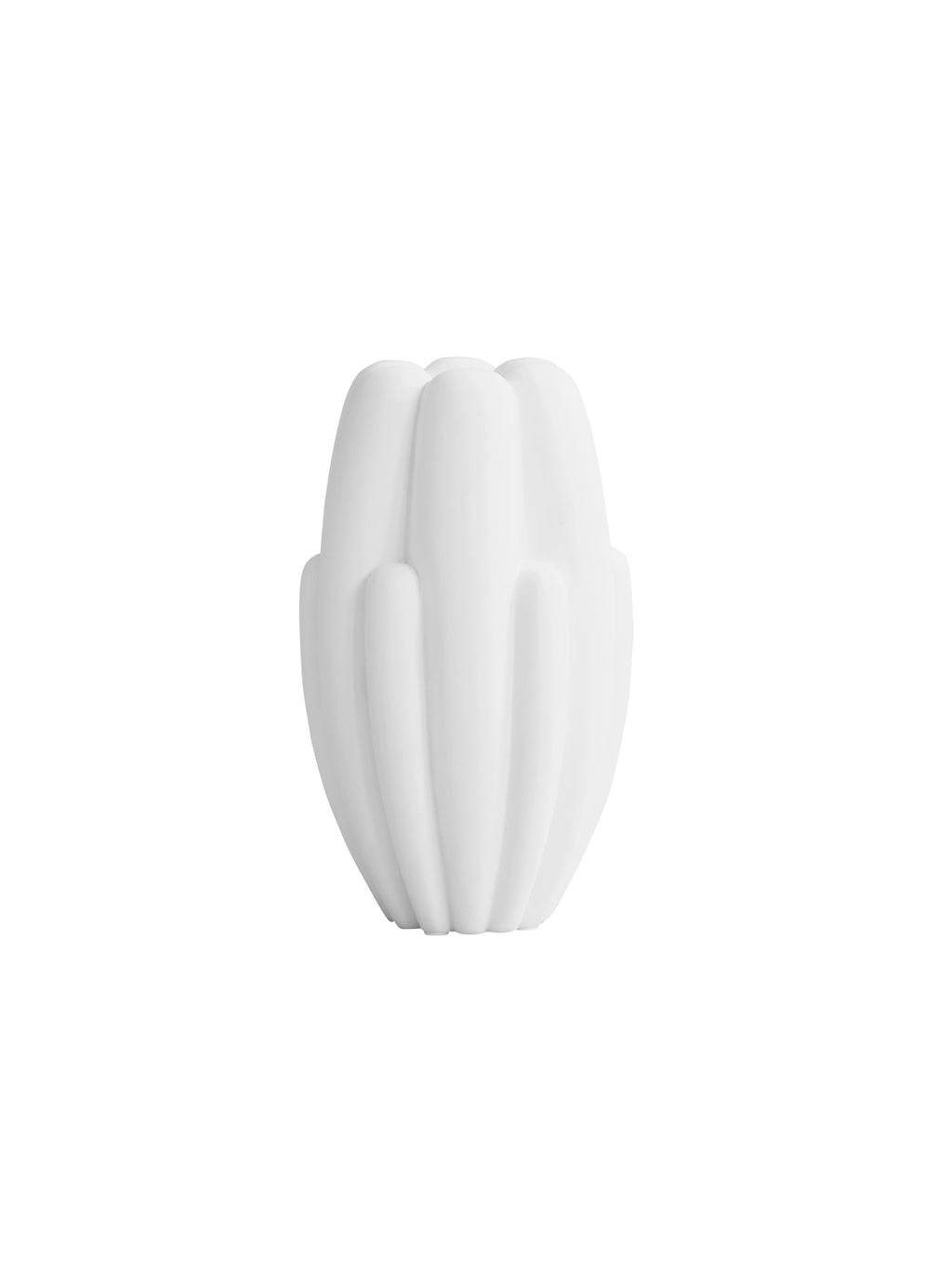 101 CPH Bloom Slim Vase in matte off-white ceramic, featuring a unique fluted, organic shape, displayed on a clean white background. A premium, modern home decor accent.