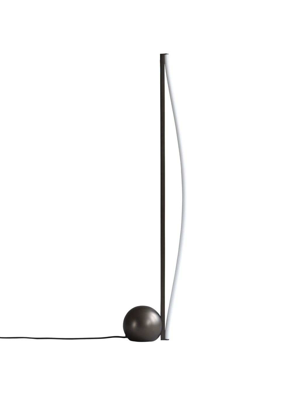 101 CPH Bow Floor Lamp, a sleek, modern premium dark brushed metal lamp with a spherical base and a single curved illuminated light panel, shot on white. Ideal for contemporary living spaces.