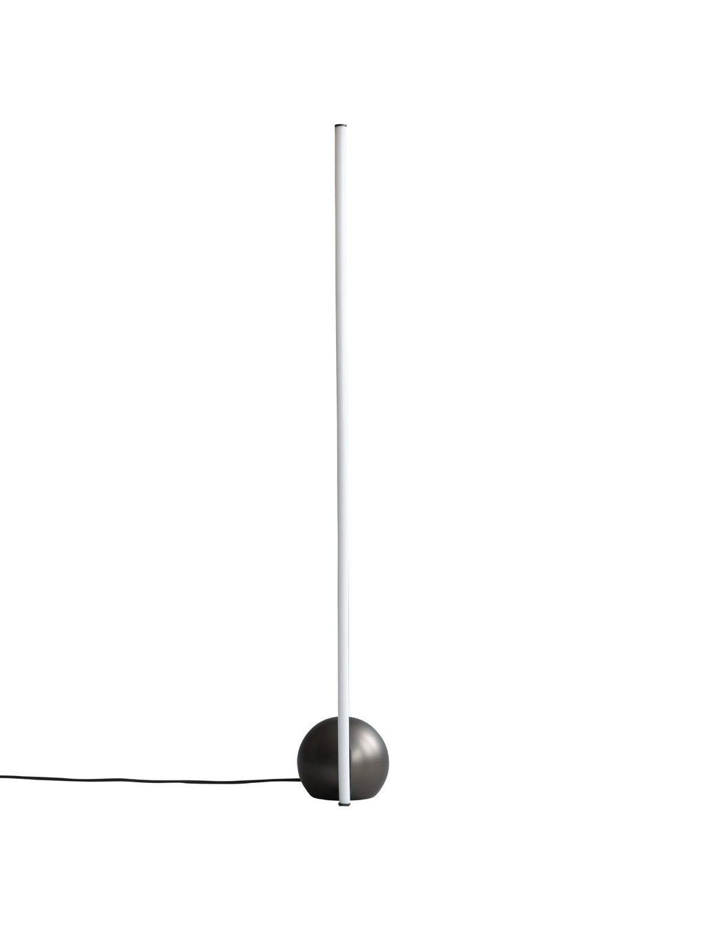101 CPH Bow Floor Lamp, a modern design with a spherical dark gray metal base and a sleek white tubular light bar, perfect for elegant home lighting.