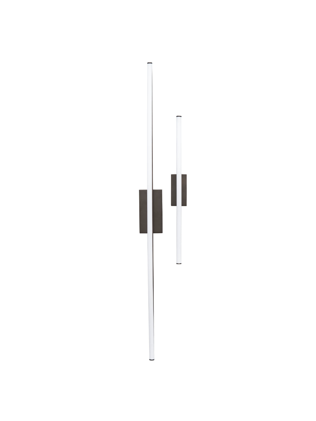 101 CPH Bow Wall Lamp in a studio shot; featuring two sleek, modern, vertical white LED light bars with polished dark metal rectangular mounts for a minimalist design. Ideal for contemporary interior spaces.