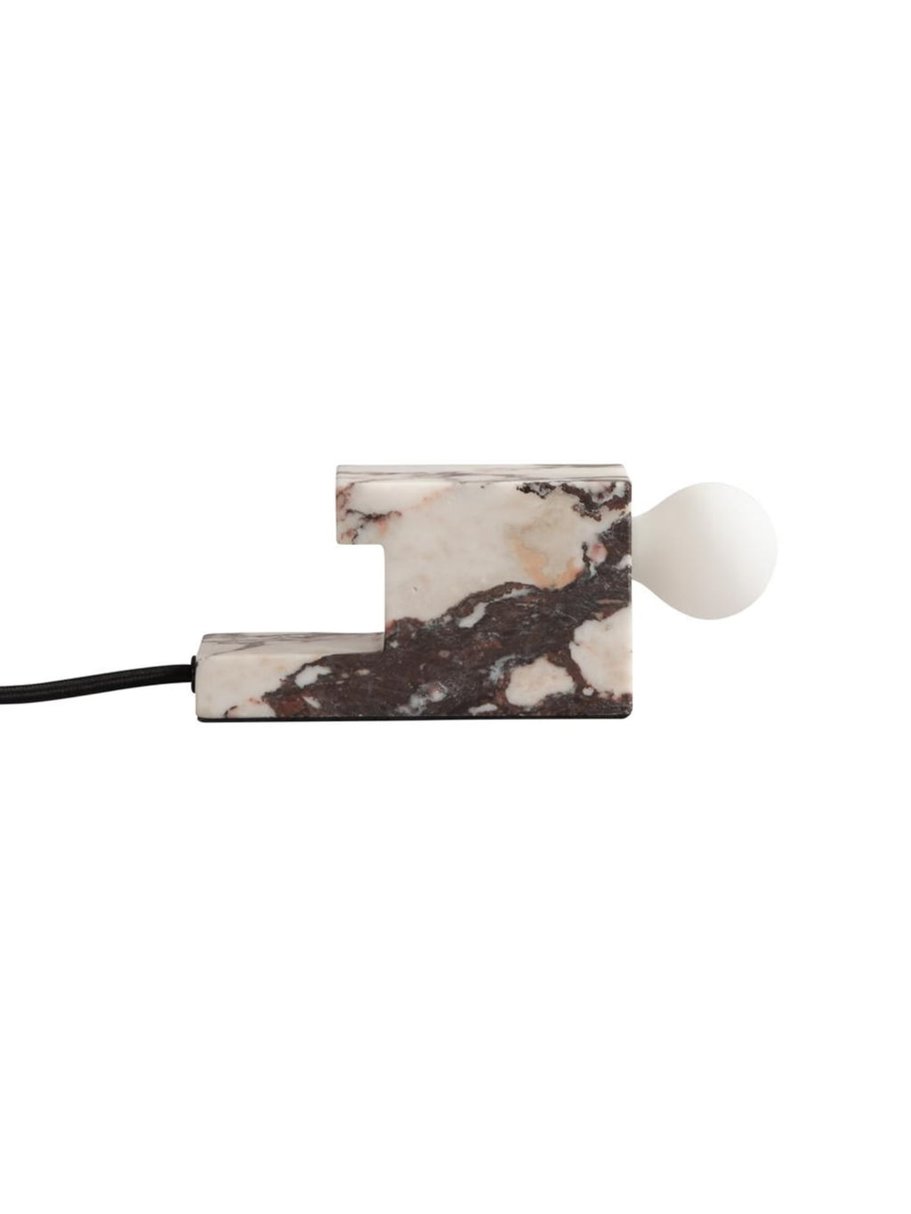 101 CPH Brick Lamp, a sculptural modern minimalist table lamp crafted from solid Italian marble with rich brown and cream veining, featuring a distinctive rectangular block base with a cut-out design and a spherical matte white bulb. This brutalist-inspired accent lamp is perfect for contemporary living room shelf styling, a stylish bedside table lamp, or an elegant home office desk lamp.