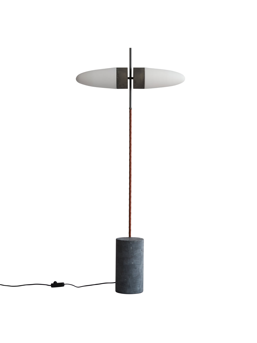 101 CPH Bull Floor Lamp; modern design with a cylindrical grey marble base, a slender dark brown woven leather-wrapped stem, and two horizontal white frosted glass diffusers encased in aged brass accents. A luxurious standing lamp for contemporary living spaces.