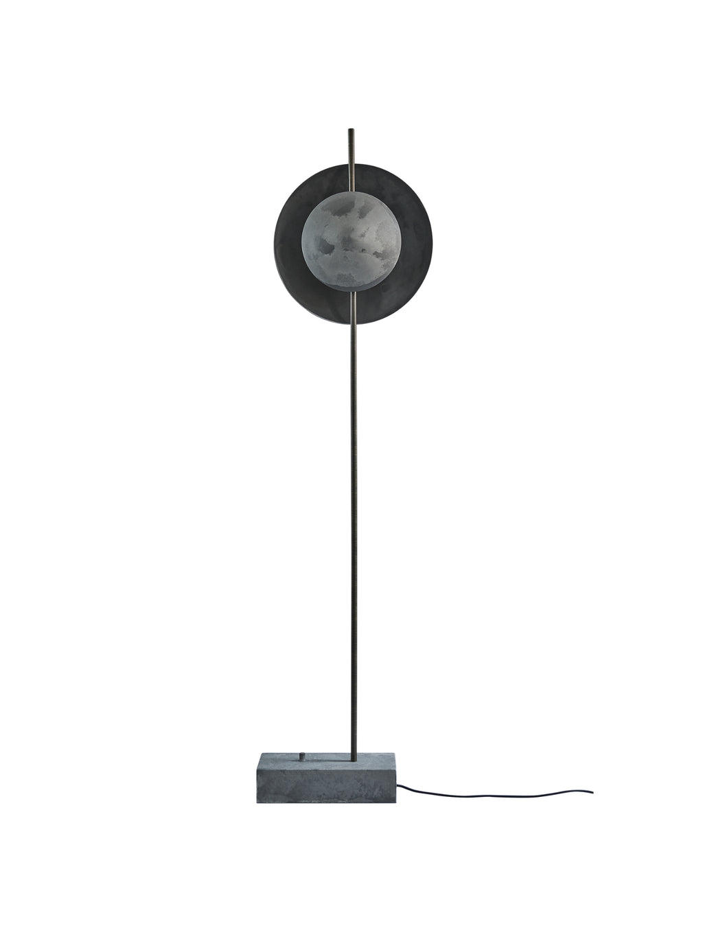 101 CPH Dawn Floor Lamp, featuring a unique black steel stand & base supporting a charcoal gray concrete-textured spherical light against a dark circular backplate, on white. Luxury modern accent lighting.