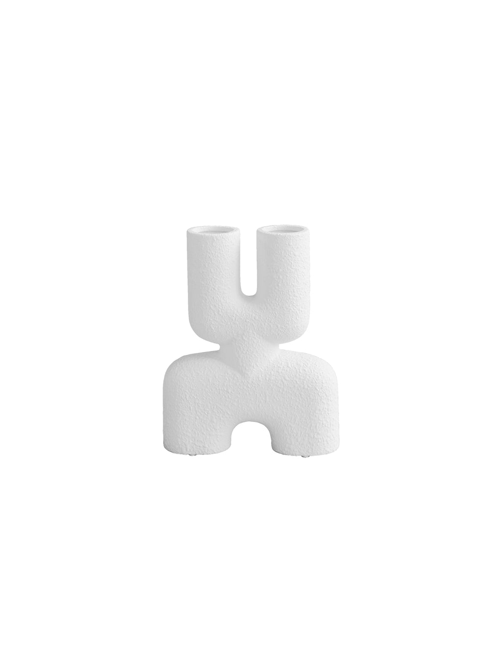 101 CPH Double Cobra Vase: White textured ceramic vase with two parallel openings, forming a unique, modern U-shape design, on a pure white background. A luxury statement piece for contemporary decor.