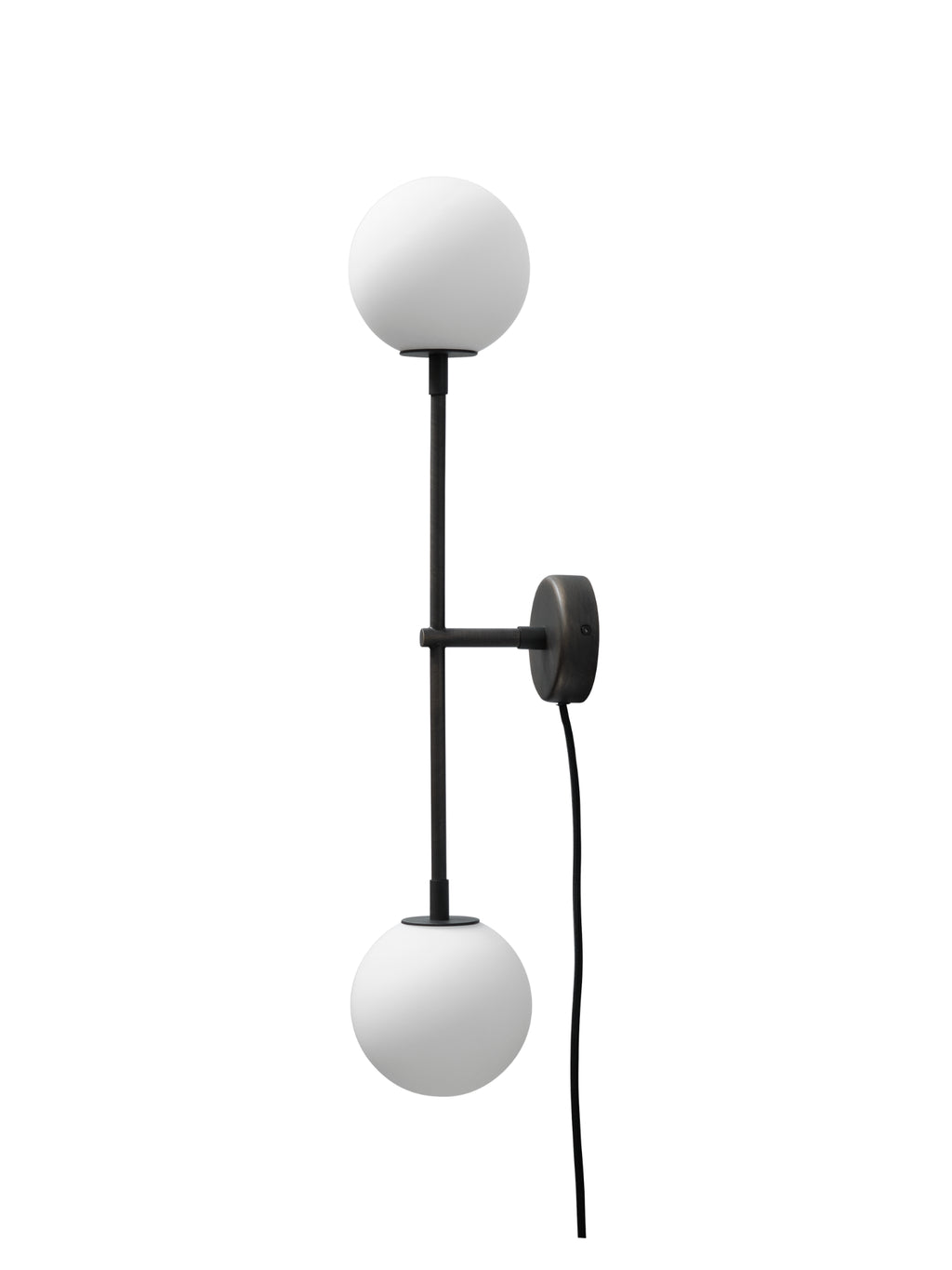 101 CPH Drop Wall Lamp featuring two frosted white globes on a dark bronze metal frame with visible black cord. A premium contemporary design piece for modern interior lighting.