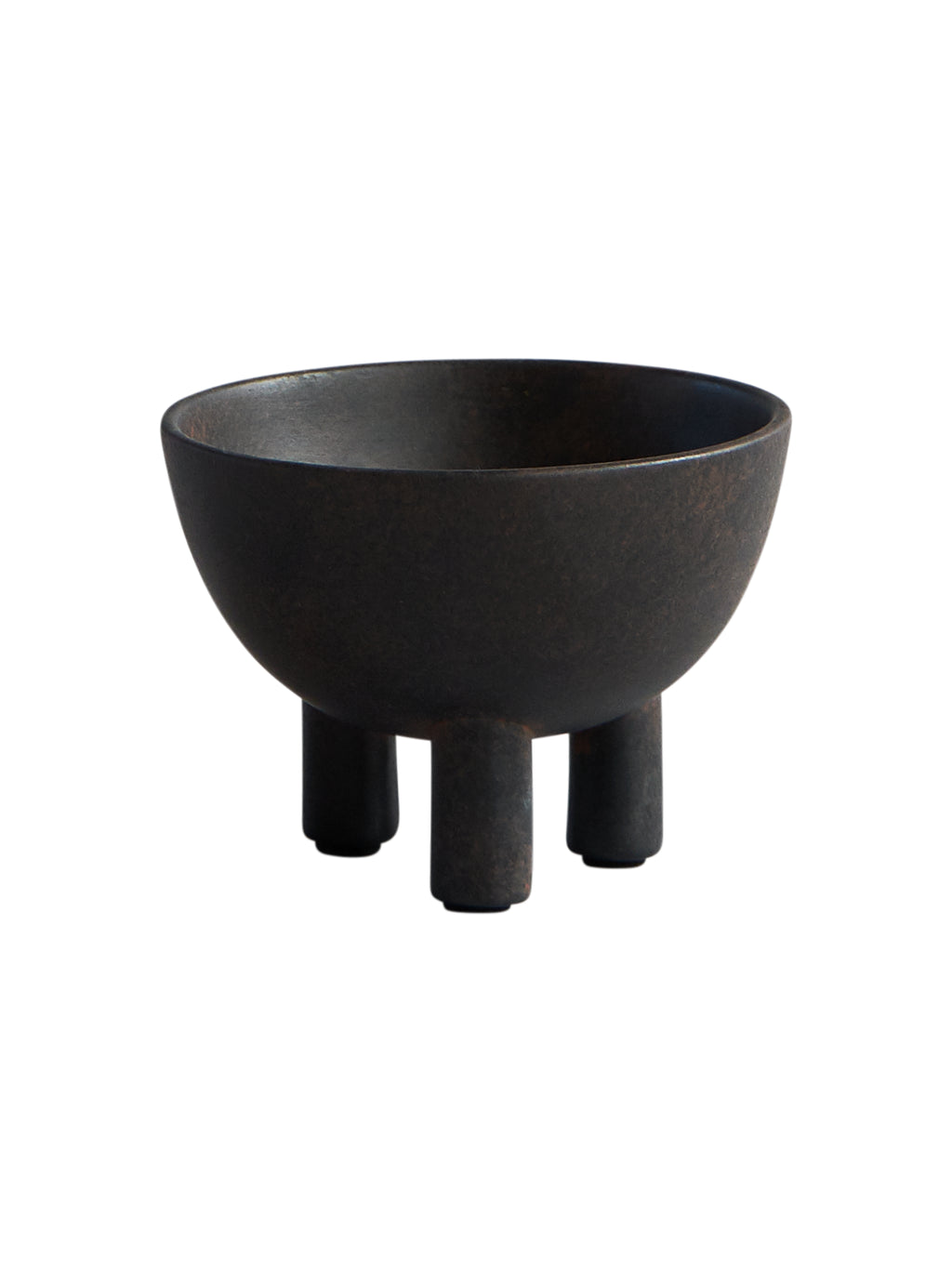 101 CPH Duck Bowl; dark brown, textured stoneware bowl with three sturdy, cylindrical legs, displayed as a studio shot. A premium, modern home accent.