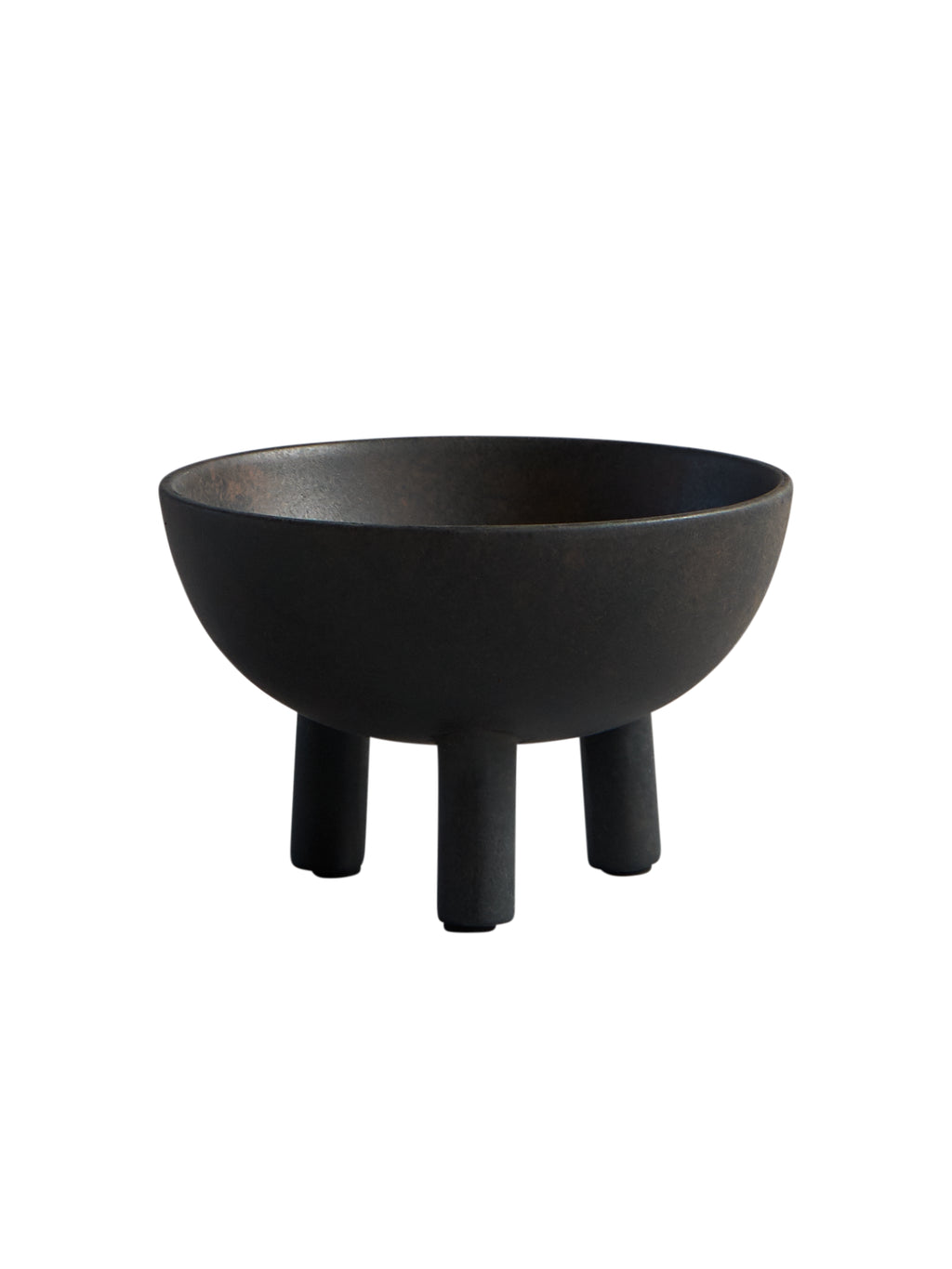 101 CPH Duck Bowl, a unique dark graphite grey ceramic bowl on three sturdy legs, showcased in a studio shot. Its textured, organic design offers a luxury aesthetic for home decor.