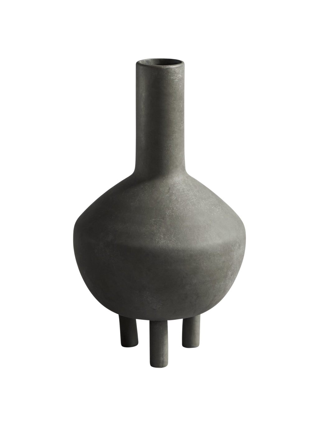 101 CPH Fat Duck Vase. Contemporary handcrafted dark gray concrete vase with a cylindrical neck and a bulbous body supported by three short legs, featured on a white background. Perfect for modern home decor.