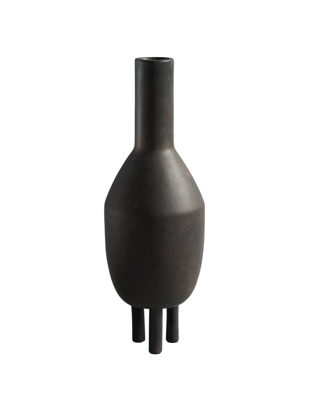 101 CPH Slim Duck Vase, a dark brown, textured earthenware vase with a bulbous body, tall neck, and three distinct feet, isolated on white. A quality decorative accent.
