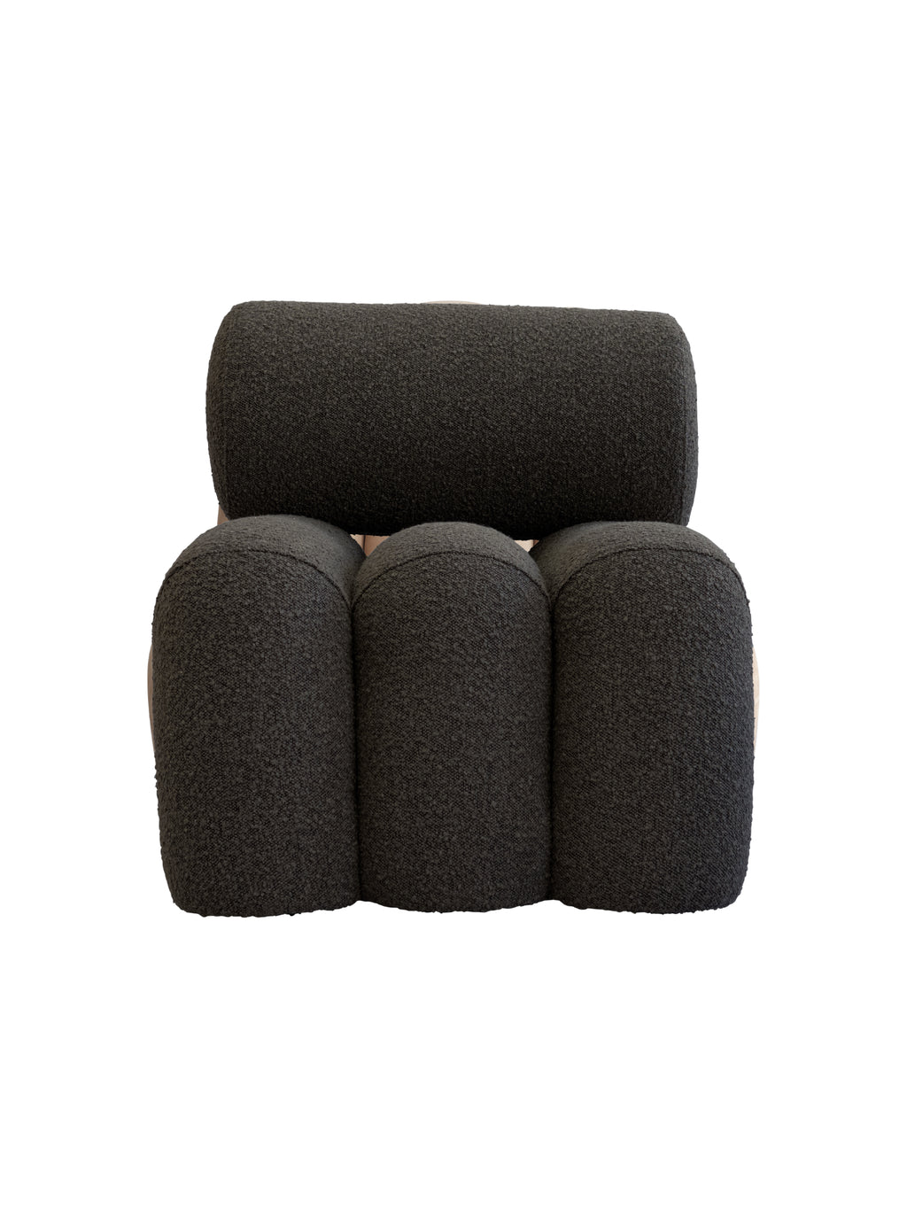 101 CPH Foku Lounge Chair in a studio shot. This premium, modern design features three plush, rounded charcoal grey boucle upholstered sections forming the back and seat, with a single cylindrical charcoal grey boucle pillow serving as the backrest. Its unique organic shape offers luxurious comfort. Ideal for contemporary living spaces.
