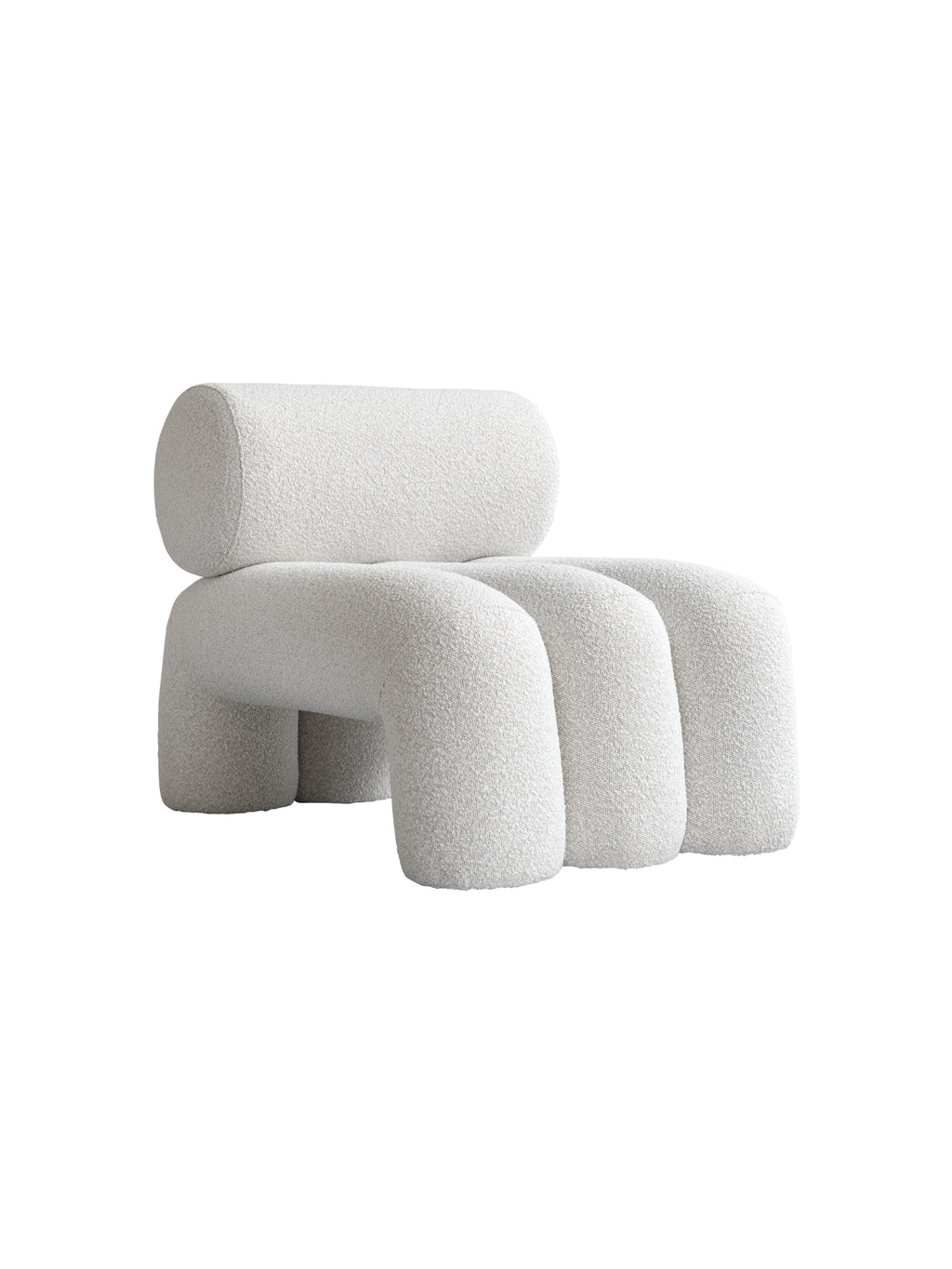 101 CPH Foku Lounge Chair in off-white textured bouclé fabric, featuring a modern, sculptural design with a cylindrical backrest and three curved, pillowed legs, isolated on white. A premium statement piece for contemporary living spaces.