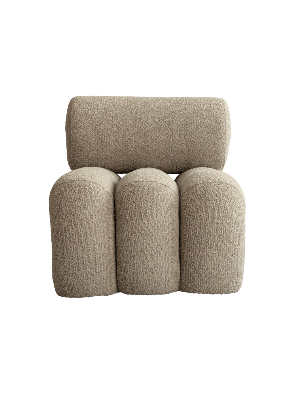101 CPH Foku Lounge Chair in premium beige boucle fabric, featuring a cylindrical backrest and three curved, pillowed seat sections, flat lay. Ideal for modern living spaces.