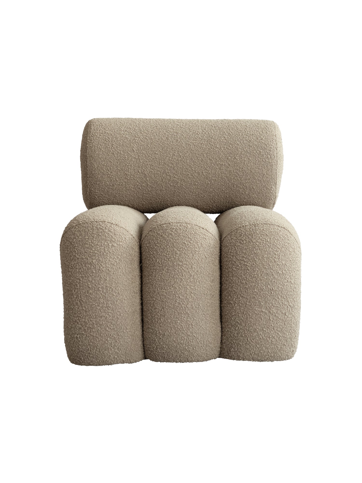 101 CPH Foku Lounge Chair in premium beige boucle fabric, featuring a cylindrical backrest and three curved, pillowed seat sections, flat lay. Ideal for modern living spaces.