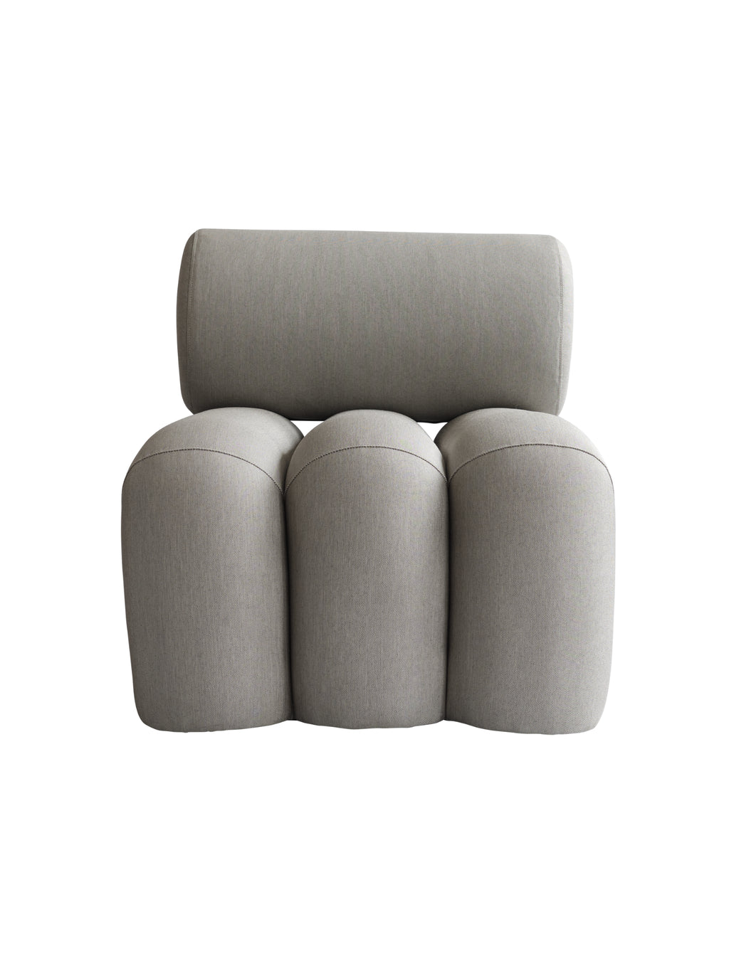 101 CPH Foku Lounge Chair in a light grey, woven fabric with a distinctive three-lobed seat and cylindrical backrest, showcasing its modern sculptural design. This luxury seating is perfect for contemporary interiors.