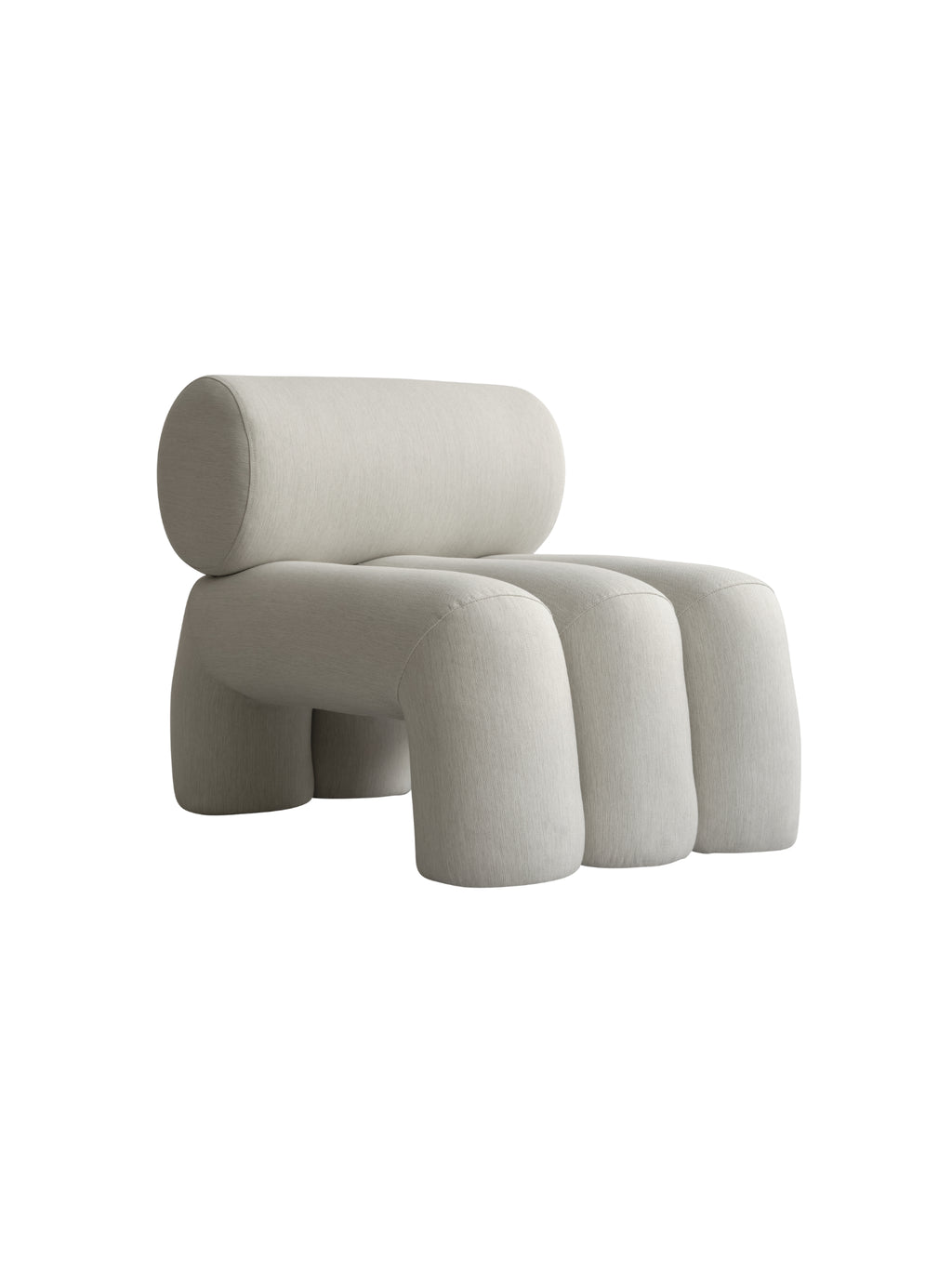 101 CPH Foku Lounge Chair in light beige woven fabric, showcasing its distinctive sculptural, rounded 'finger' legs and a cylindrical backrest on a clean white background. A premium, modern furniture piece.