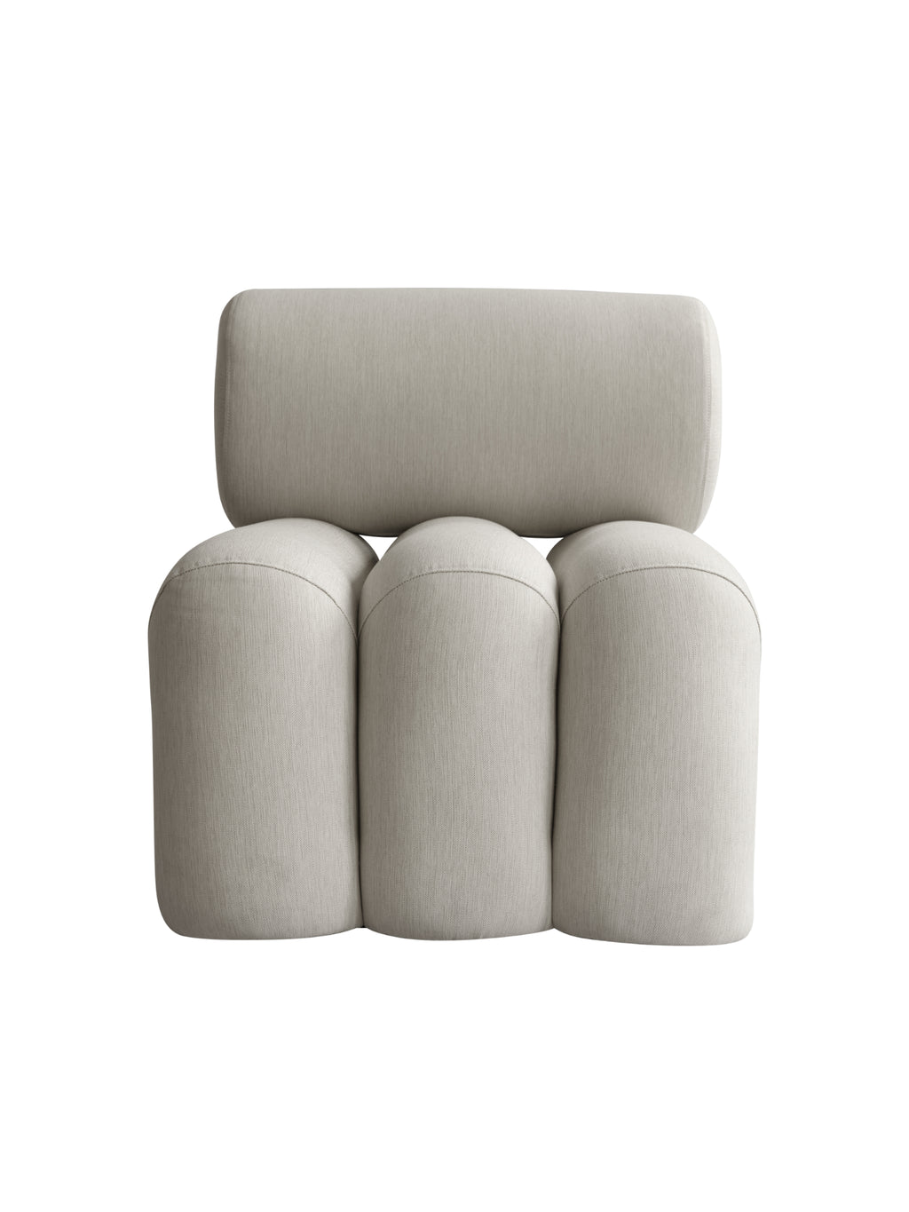 101 CPH Foku Lounge Chair in a flat lay, top-down view. This premium neutral beige textured fabric chair features a plump, rolled backrest and three wavy, rounded seat cushions, with visible overlock stitching. Ideal for a modern, minimalist living space.