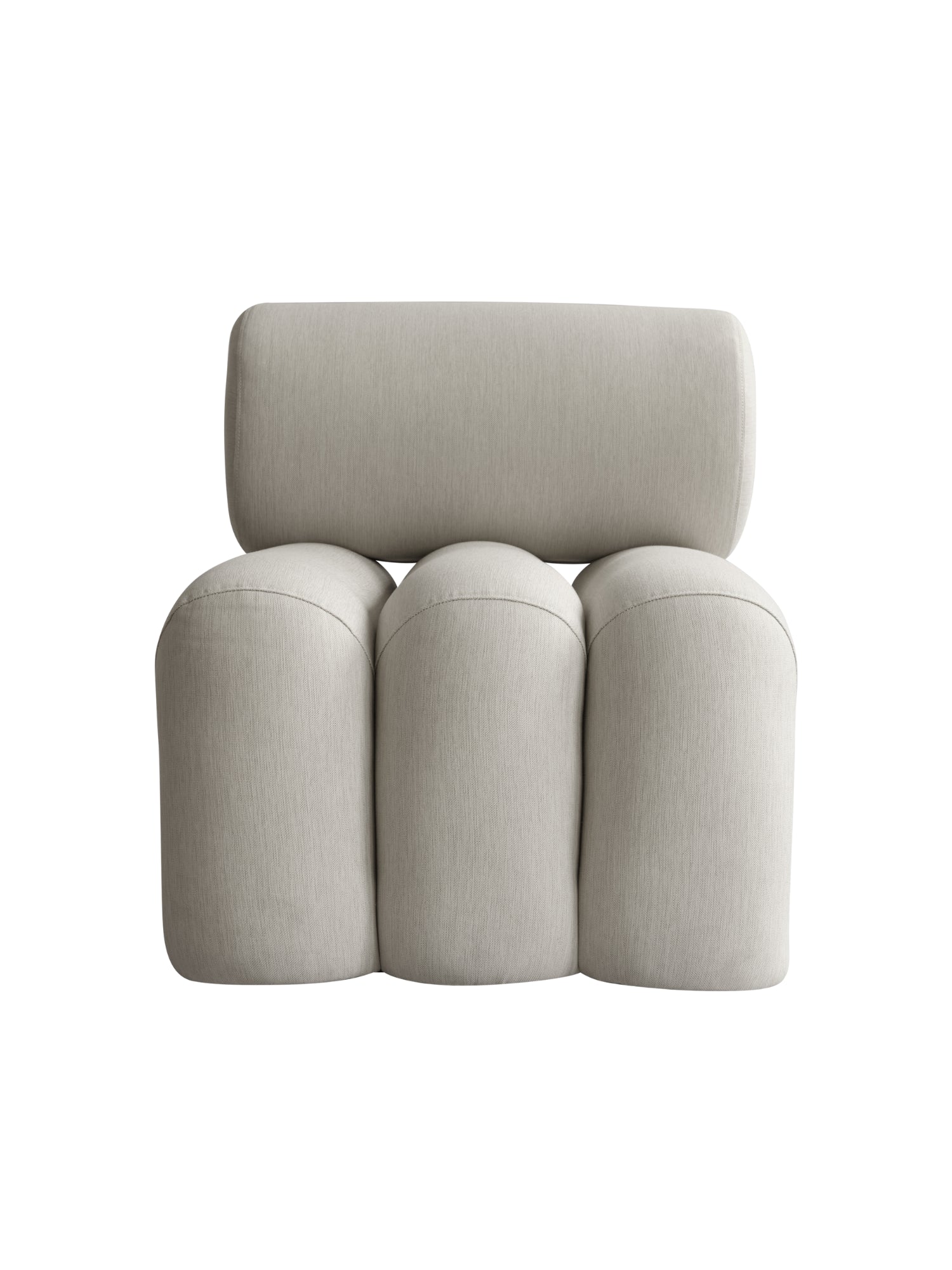 101 CPH Foku Lounge Chair in a flat lay, top-down view. This premium neutral beige textured fabric chair features a plump, rolled backrest and three wavy, rounded seat cushions, with visible overlock stitching. Ideal for a modern, minimalist living space.