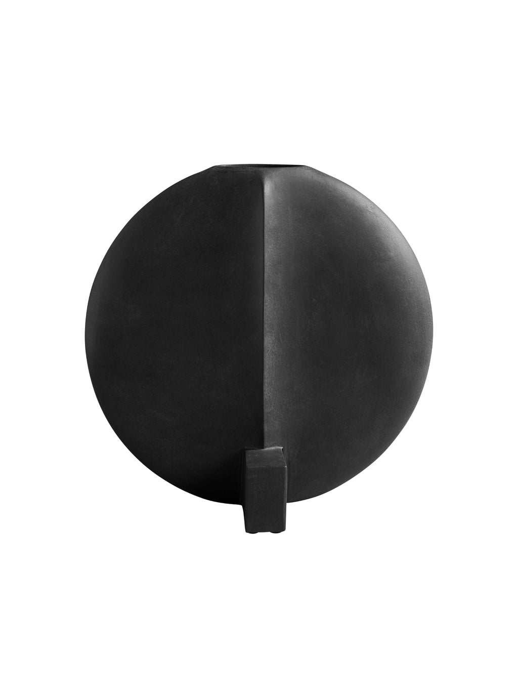 101 CPH Guggenheim Vase, a premium black charcoal ceramic vase with a unique rounded, flat shape and a distinctive geometric line running down the center, featuring a small square base, presented on a white background. Perfect for modern interior decor.