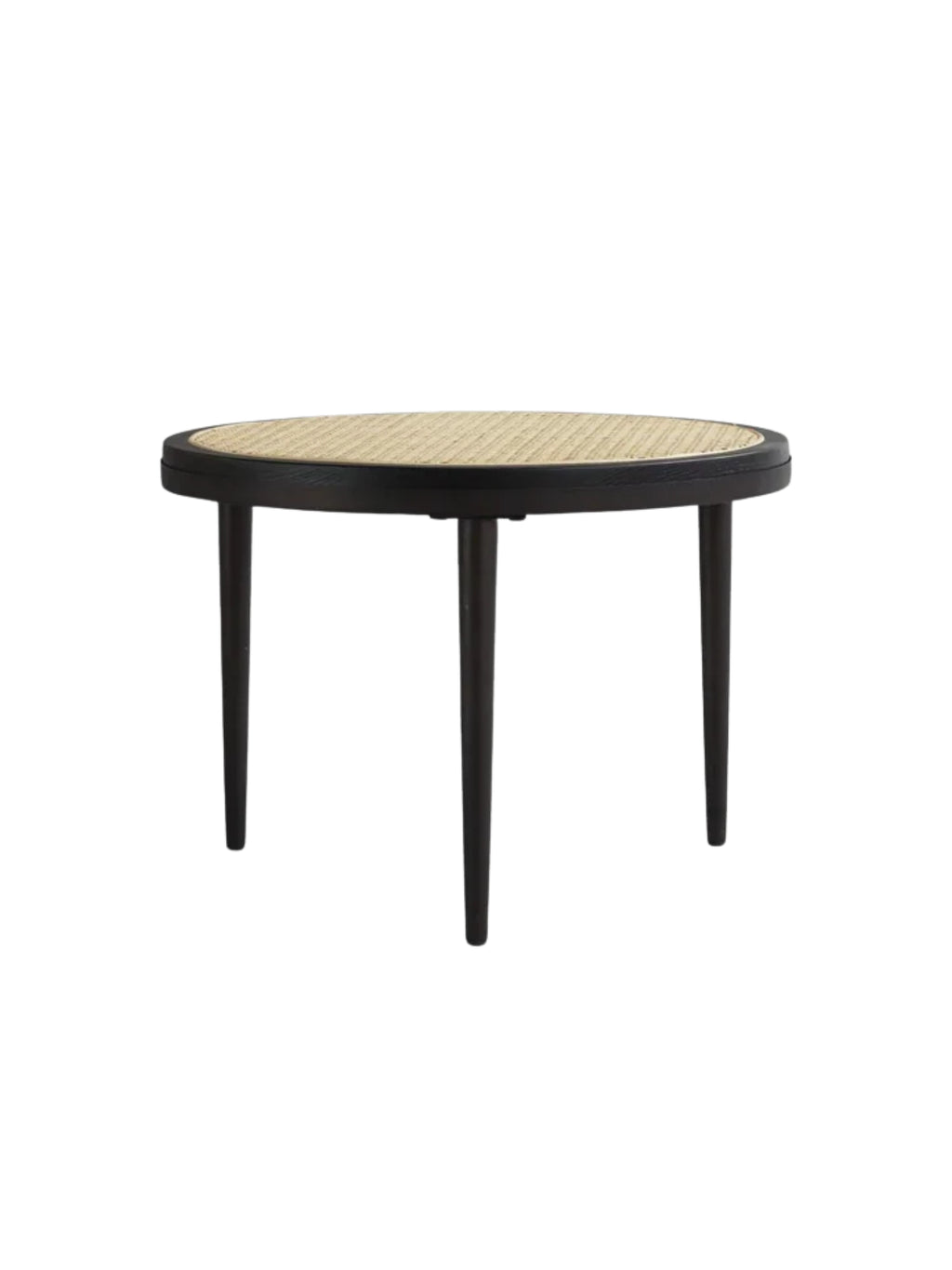 101 CPH Hako Low Table, a premium round coffee table featuring a dark wood frame and tapered legs, with a natural light-beige woven cane top, styled on a clean white background. Perfect for modern living spaces.