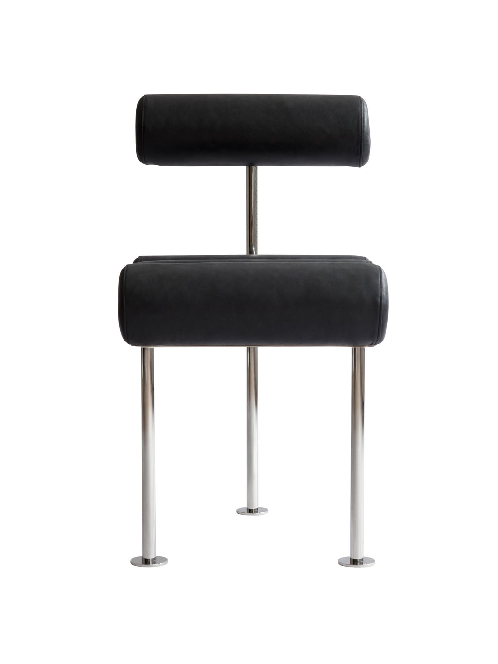 101 CPH Hiro Dining Chair, a modern luxury chair featuring black smooth leatherette cylindrical cushions for the backrest and seat, supported by polished silver chrome legs on a white background. Perfect for contemporary dining spaces.